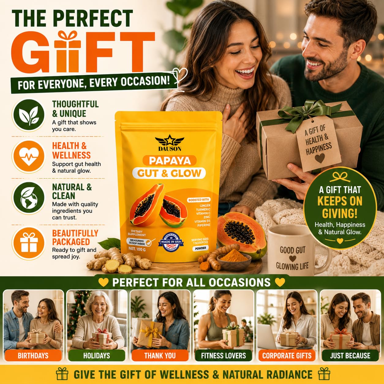 DAUSON Papaya Shots for Healthy Gut & Glowing Skin Powder 3.53 Ounce