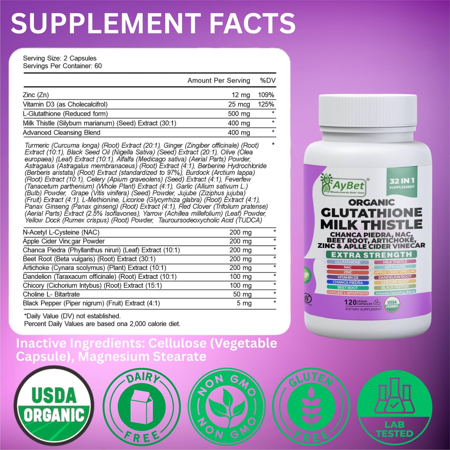 AyBet Glutathione NAC Milk Thistle Supplement Capsule 120 Count