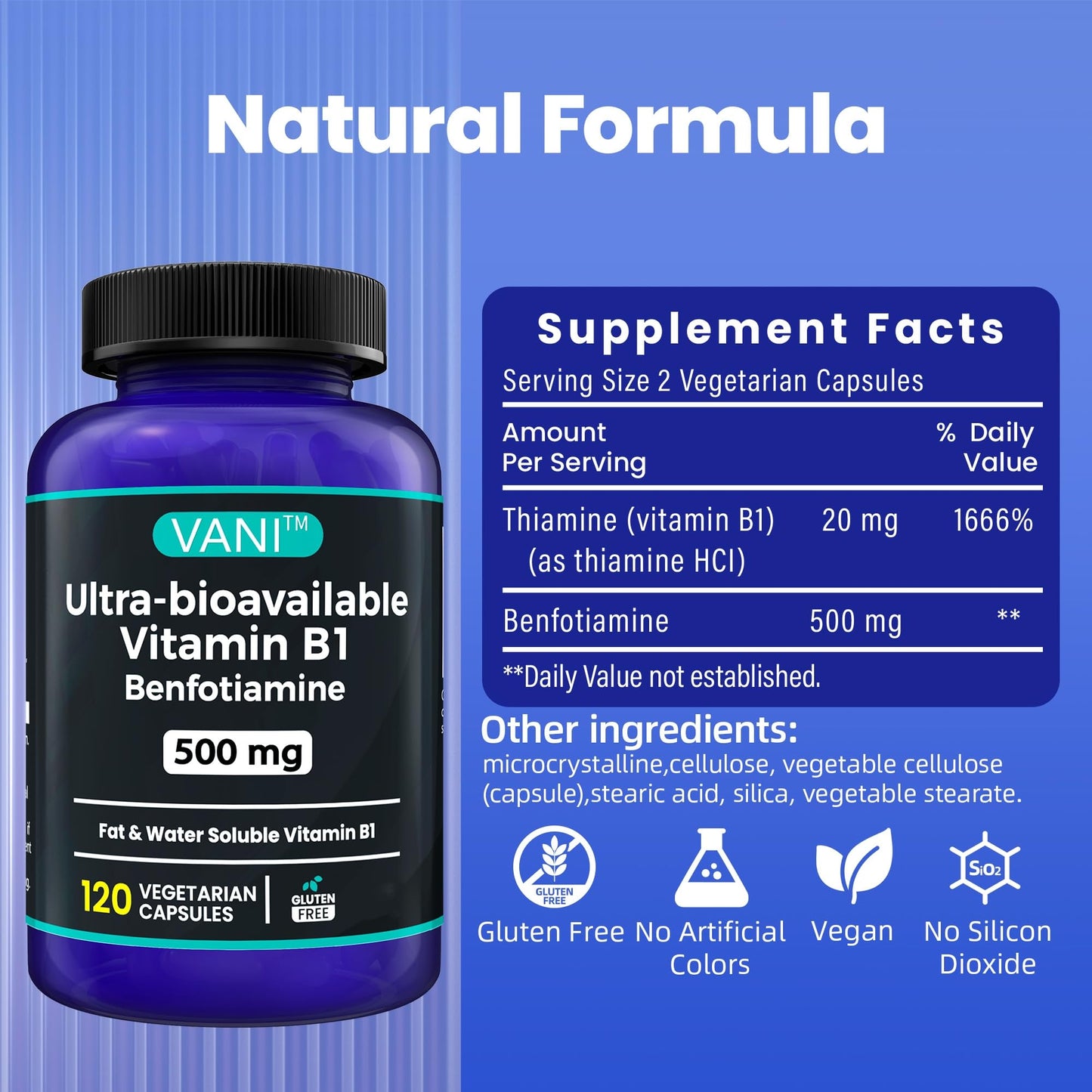 VANI Vitamin B1 with Benfotiamine 500mg Capsules, 120 Capsules