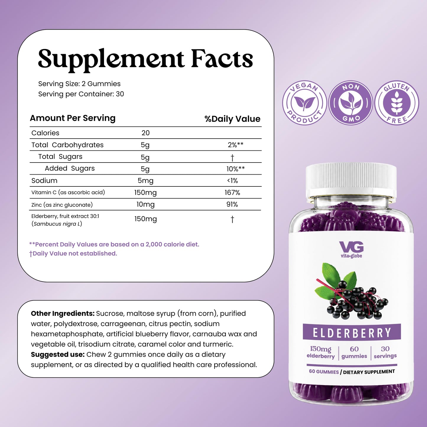 VITA GLOBE Elderberry Gummies with Vitamin C, Zinc, Immune Support Vegan Gummy, 120 Gummies