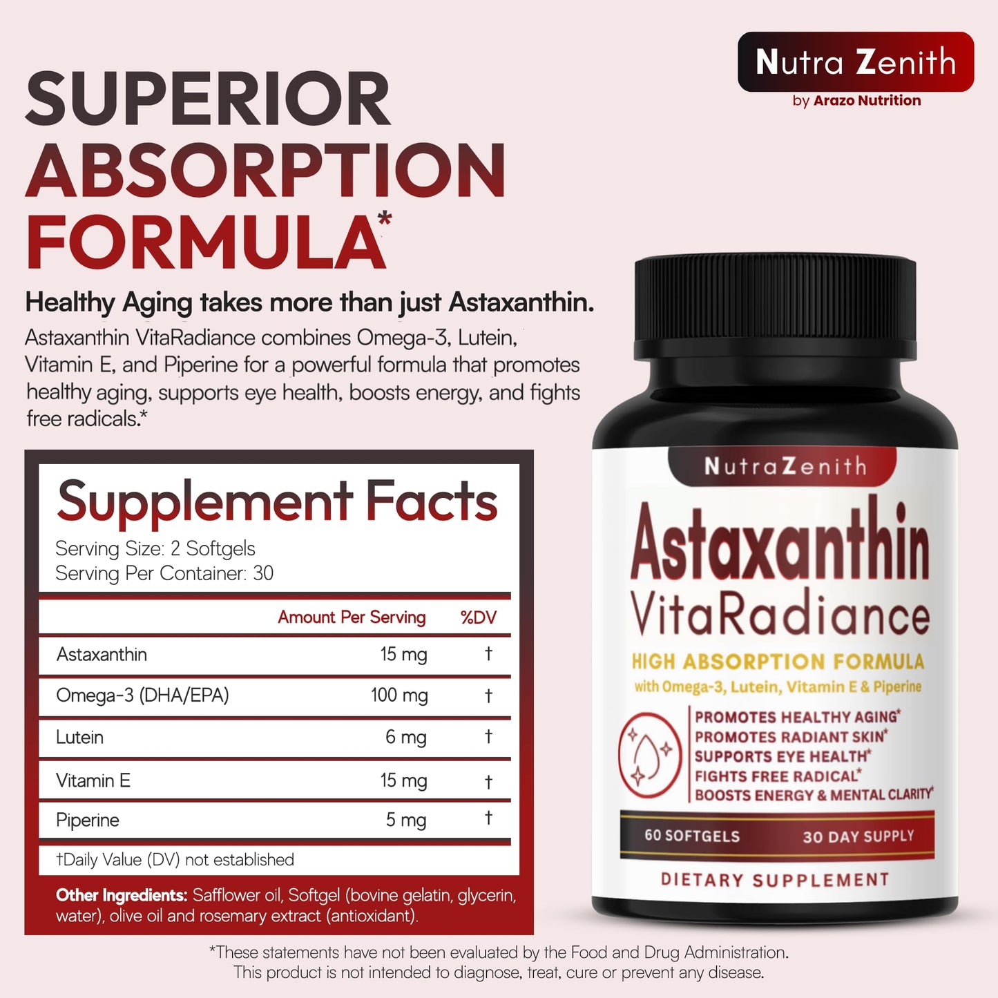 Arazo Nutrition Astaxanthin Supplement with Omega-3, Vitamin E & Lutein, 60 Capsules