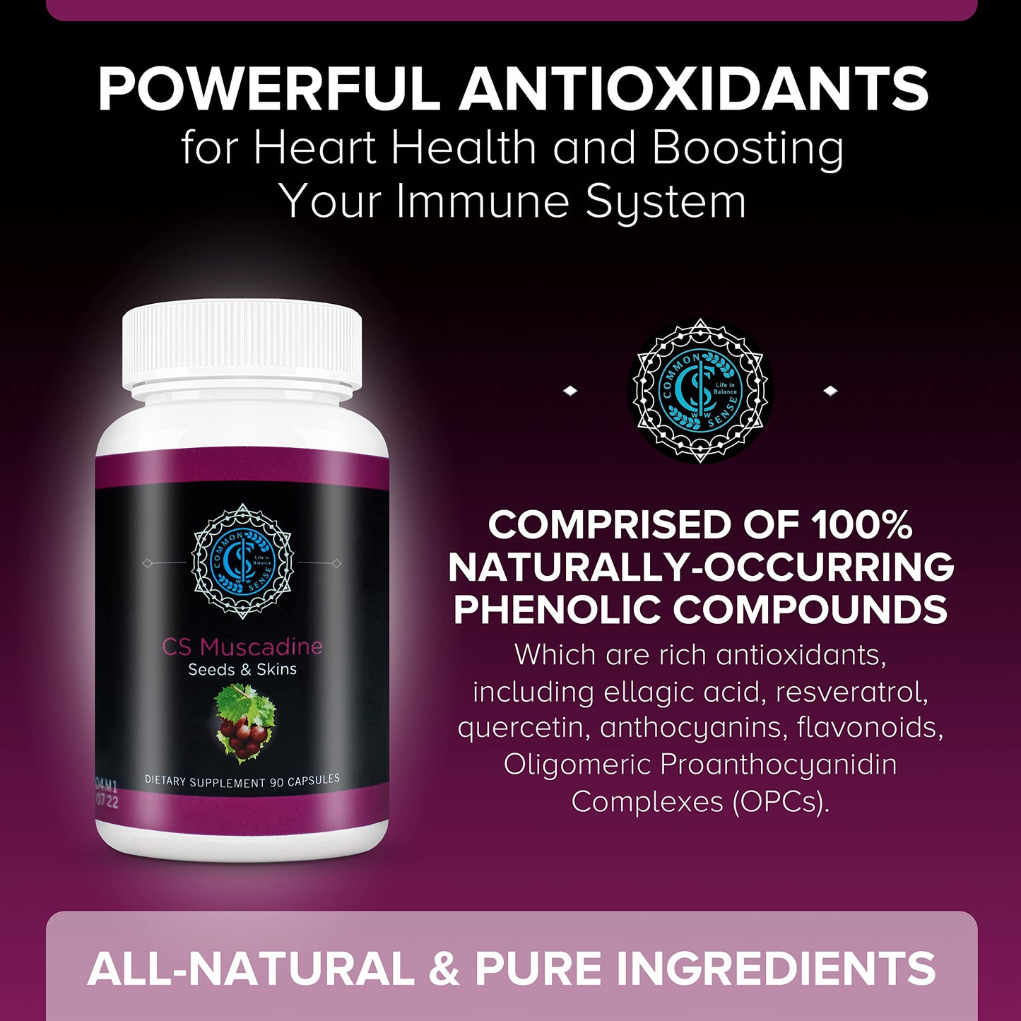 Common Sense Wellness Worldwide Commonsense Pure Muscadine Grape Seed and Skin Extract Capsules, 90 Count