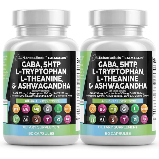 Clean Nutraceuticals GABA 750mg 5-HTP 200mg L-Tryptophan 500mg L-Theanine 200mg Ashwagandha SAM-e L-Glycine Mood Support Vitamins for Women and Men with L-Tyrosine Capsules, 90 Count (Pack of 2)