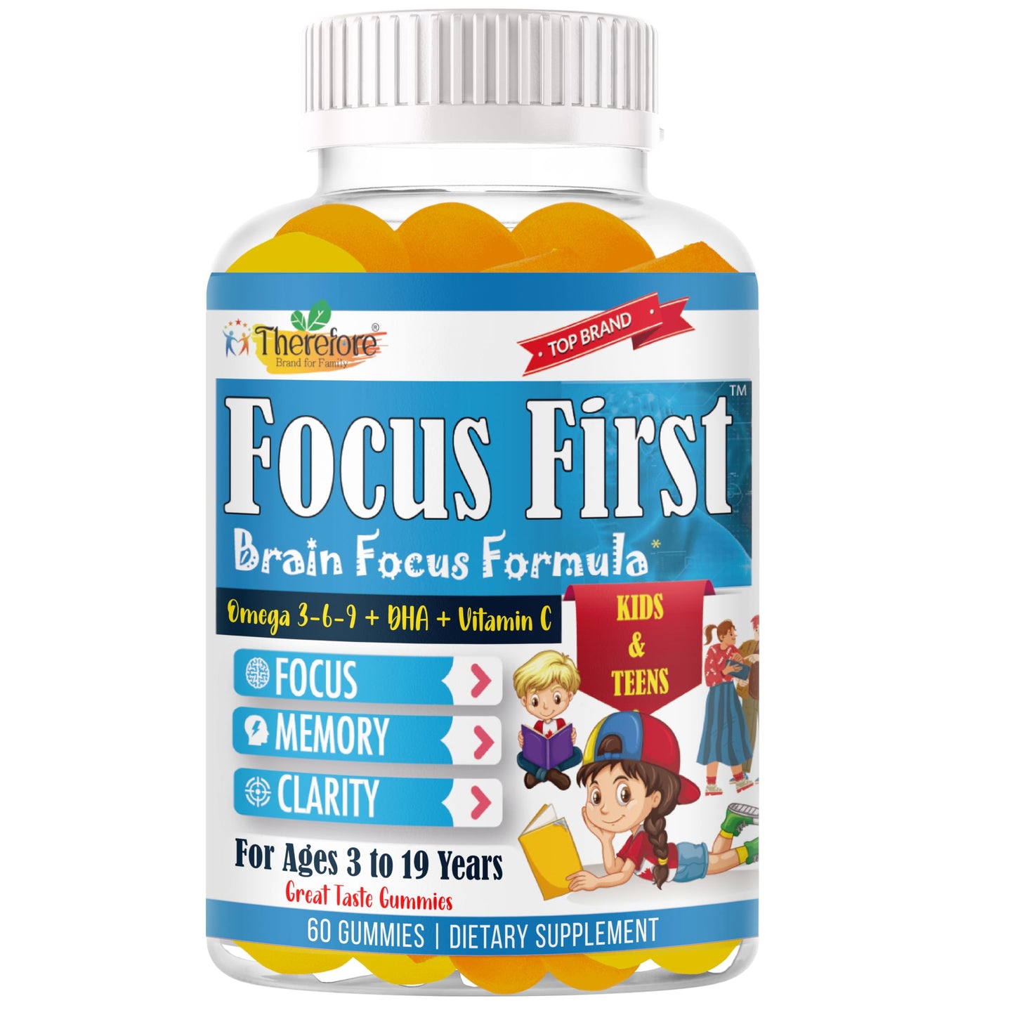 Therefore Focus Gummies for Kids & Teens Omega-3 DHA for Memory, Concentration and Attention, 60 Gummies