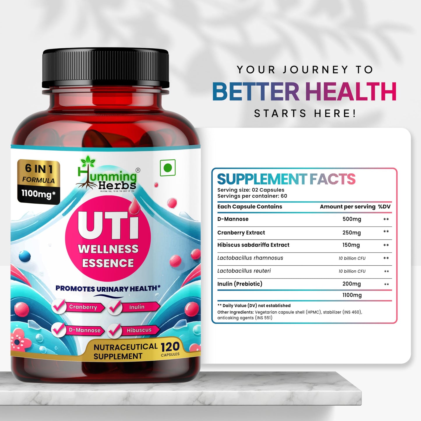 Humming Herbs D-Mannose & Cranberry Complex with Hibiscus, Inulin Prebiotic & Probiotics (Lactobacillus rhamnosus & L. reuteri), Capsules, 120