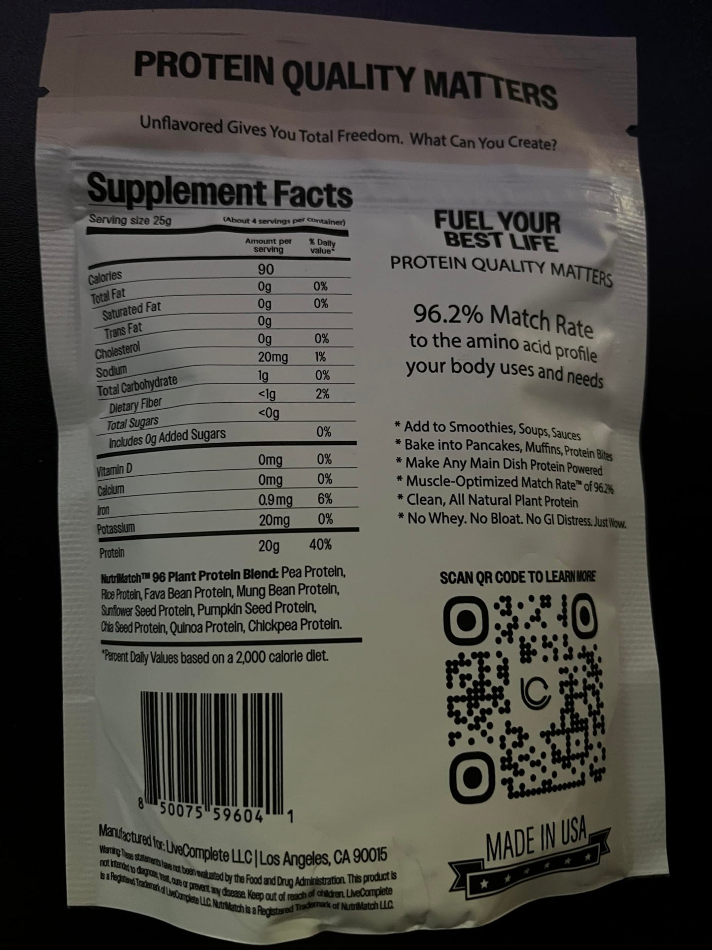 LiveComplete NutriMatch Plant Protein Powder - Unflavored, 4 Servings, 4.9 oz