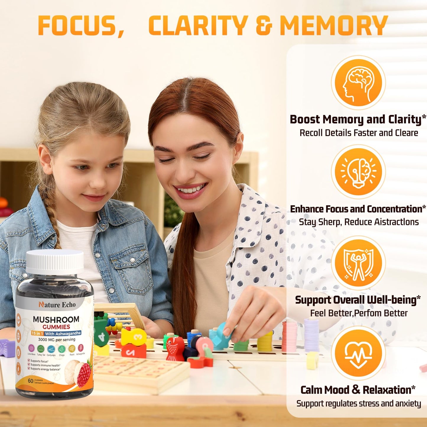 Nature Echo 15 in 1 Mushroom Complex & Ashwagandha Gummies 60 Count