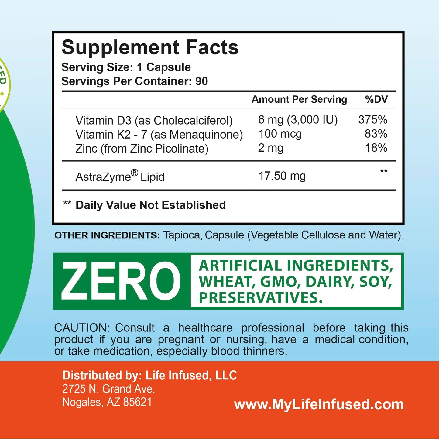 Life Infused Vitamin D3 + K2 Supplement with Zinc & Enzymes Capsules, 90 Count