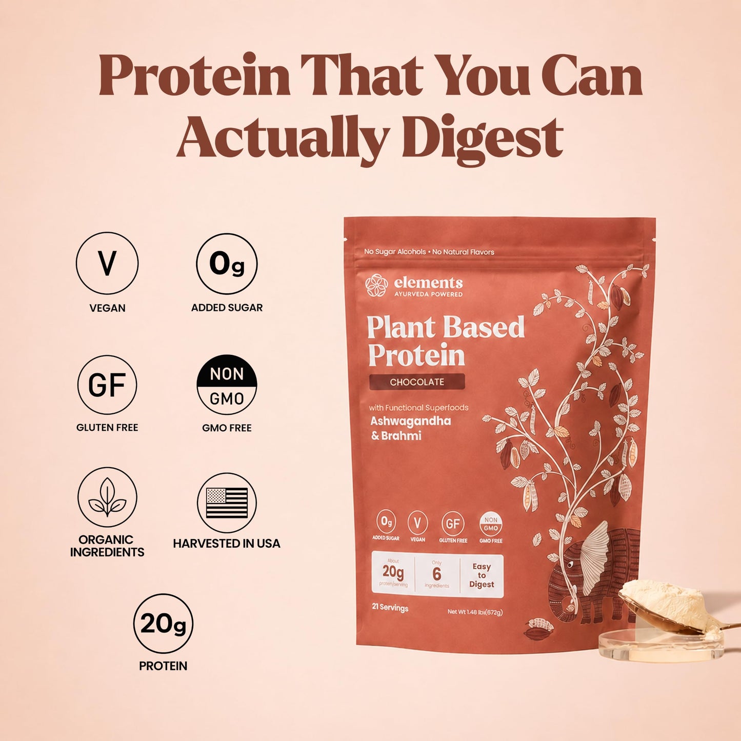 Elements Truffles Chocolate Plant Protein Powder, 20g Protein