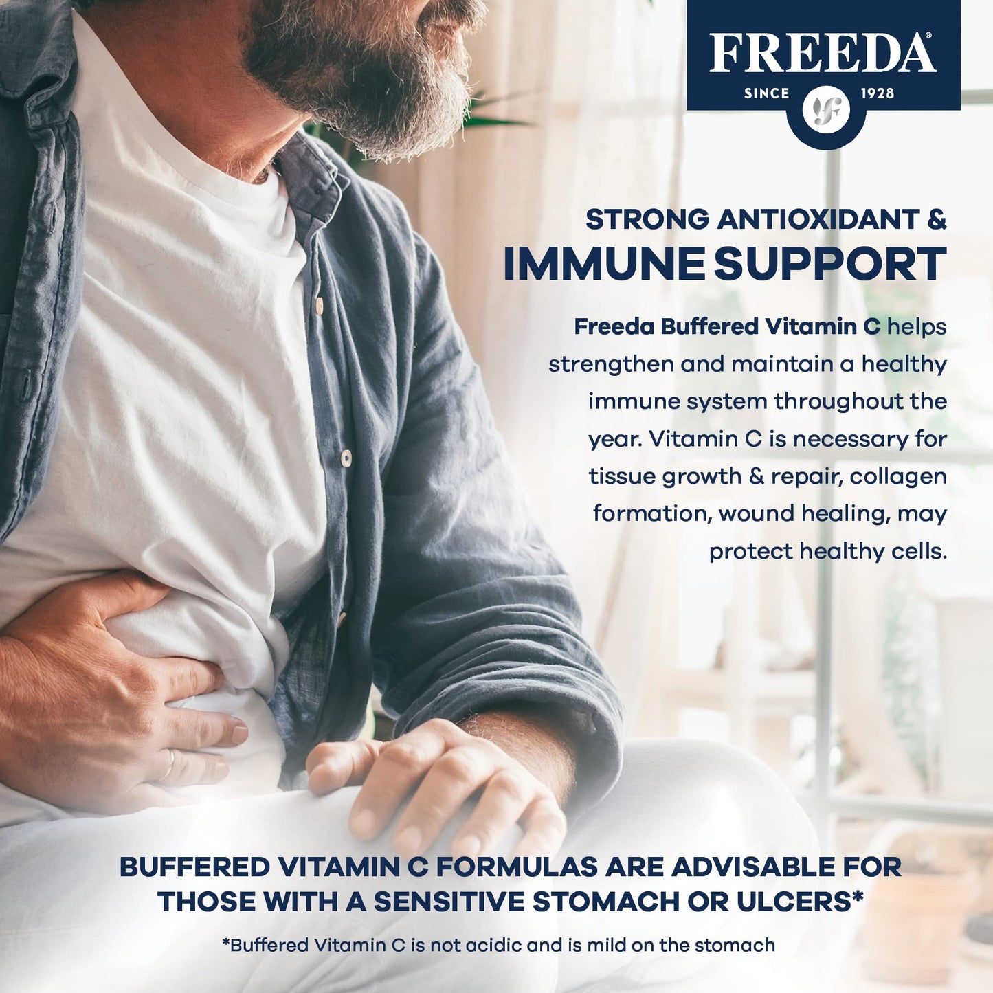 FREEDA Buffered Vitamin C 500mg – Non-Acidic Calcium Ascorbate – Immune Support & Antioxidant – Kosher, Gentle on Stomach – 100 Capsules
