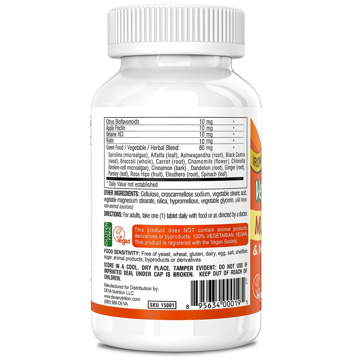 DEVA Vegan Multivitamin and Mineral Supplement One Daily Vitamin Formula with Greens Iron Free 90 Coated Tablets