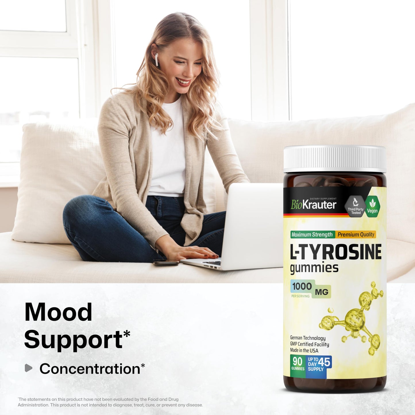 BIO KRAUTER L-Tyrosine Mood Support Gummies 1000 mg, 90 Gummies