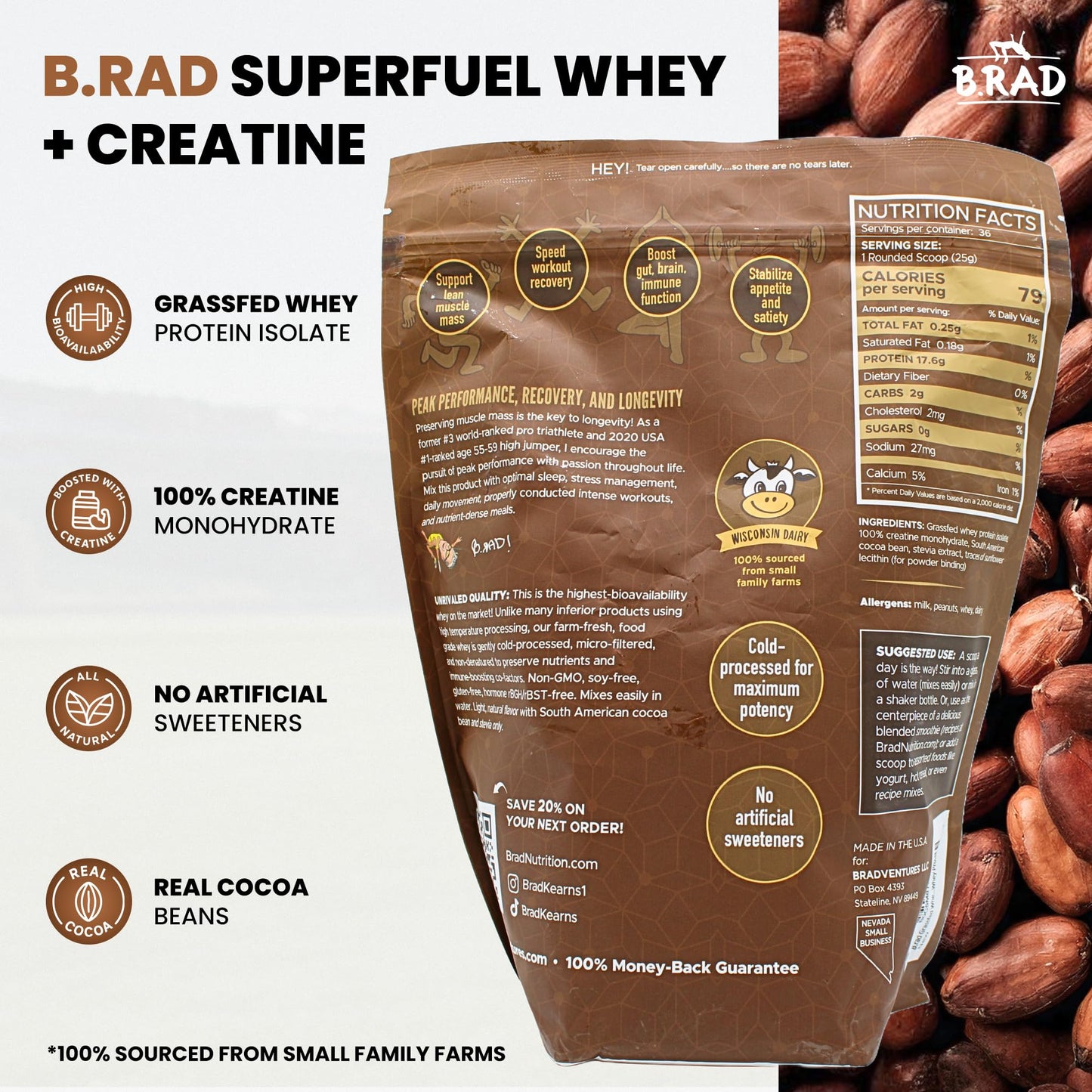 B.rad Superfuel Grass Fed Whey Protein Isolate with Creatine Powder, Cocoa Bean (Chocolate) Flavor, 2 lb, 32 Servings