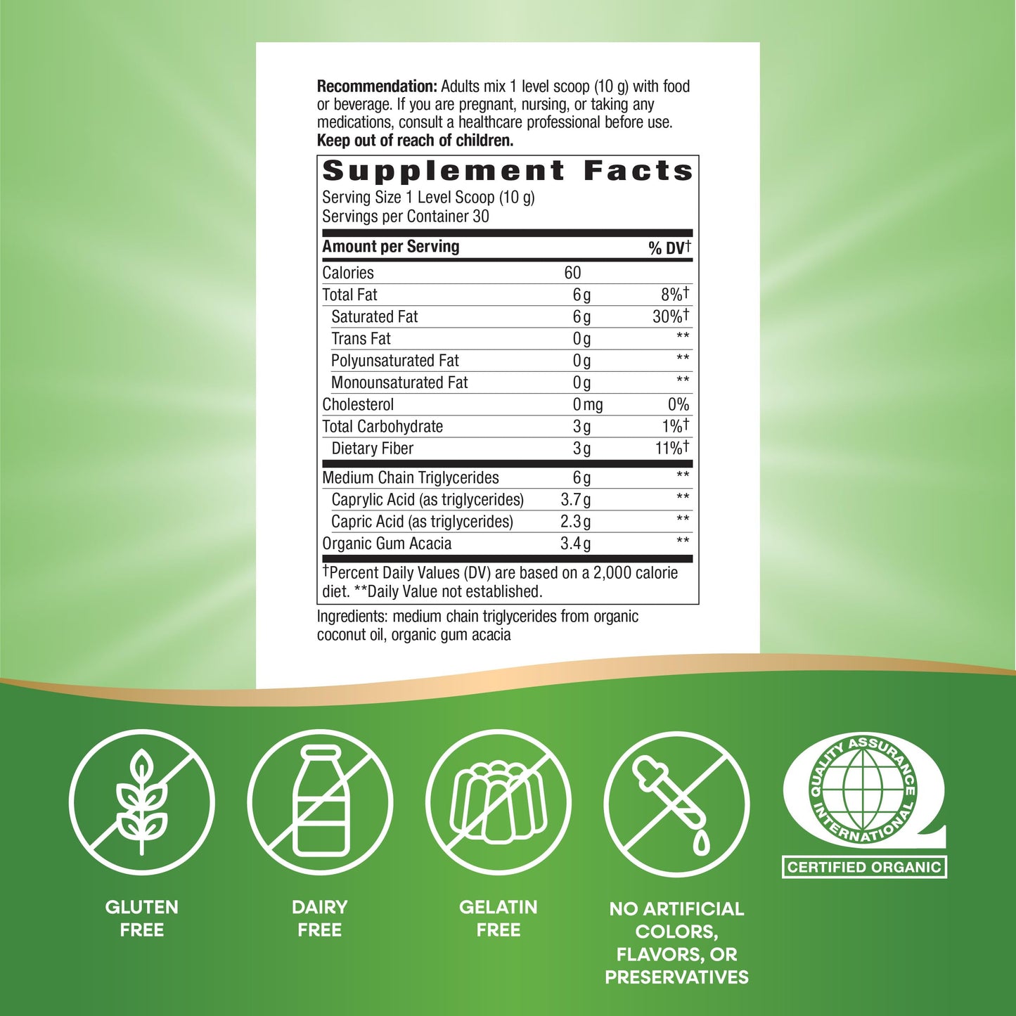 Nature's Way Organic MCT Oil Powder (C8/C10) Brain & Body Fuel, Odorless & Flavorless, No Filler Oils, 10.6 Oz
