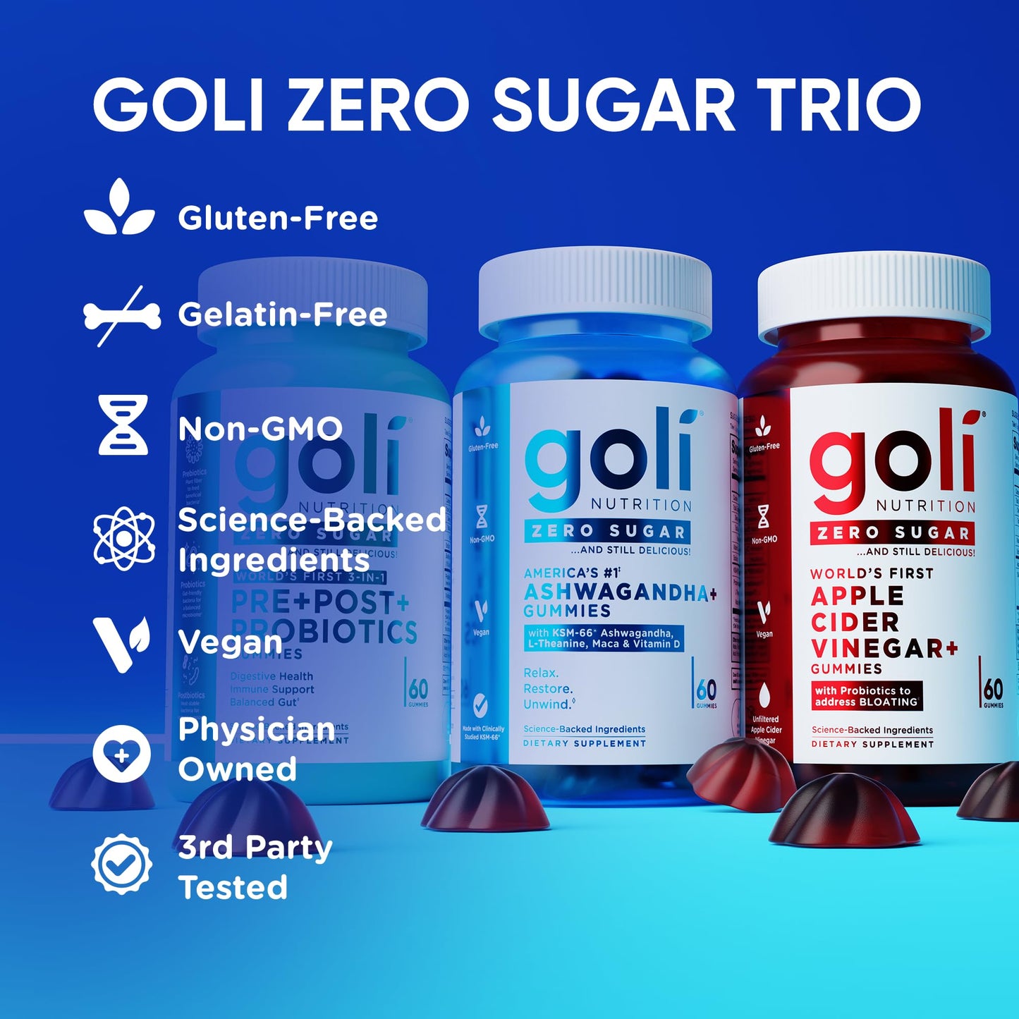 Goli Zero Sugar Trio - World's First 3-in-1 Pre, Post, Probiotic, Apple Cider Vinegar with Vitamin B12 and Probiotics, Ashwagandha & L-Theanine, Vitamin D Gummies, 180 Count