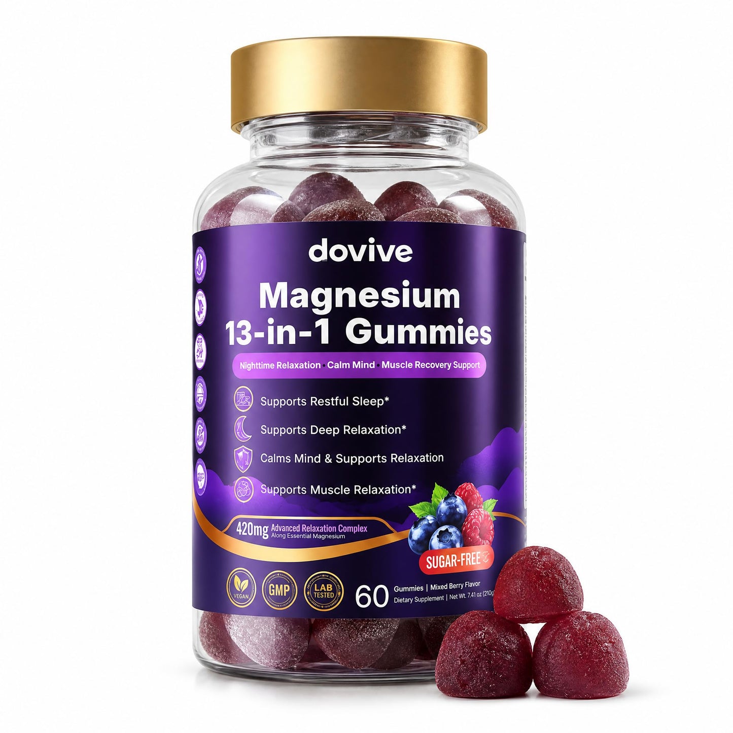 DOVIVE Magnesium Gummies for Relaxation with L-Theanine 200mg – Magnesium Citrate & Glycinate, Ashwagandha, Lemon Balm, Passionflower, Chamomile – Calm & Stress Support – Mixed Berry 60 Count