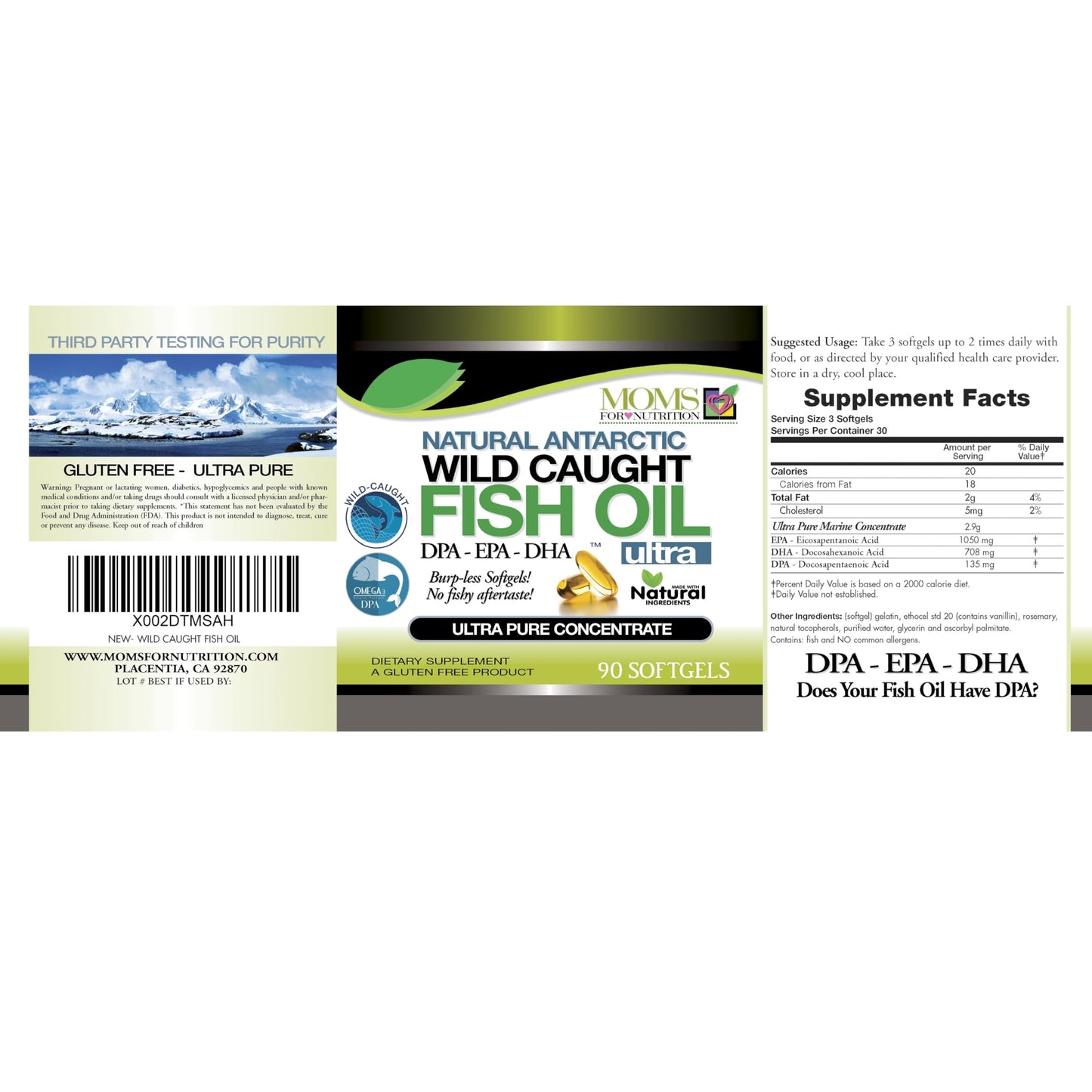 Moms For Nutrition Wild Caught Omega-3 Fish Oil DPA-EPA-DHA, 2,900 mg, 180 Softgels