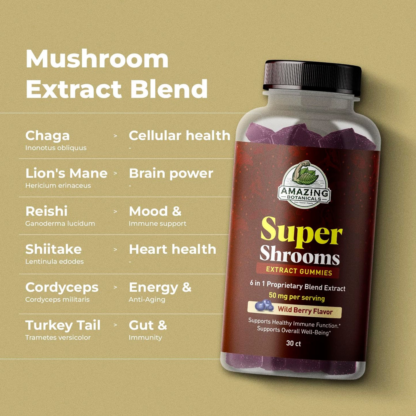 Amazing Botanicals Organic Super Shrooms 6-in-1 Mushroom Supplement Gummies 30 Count