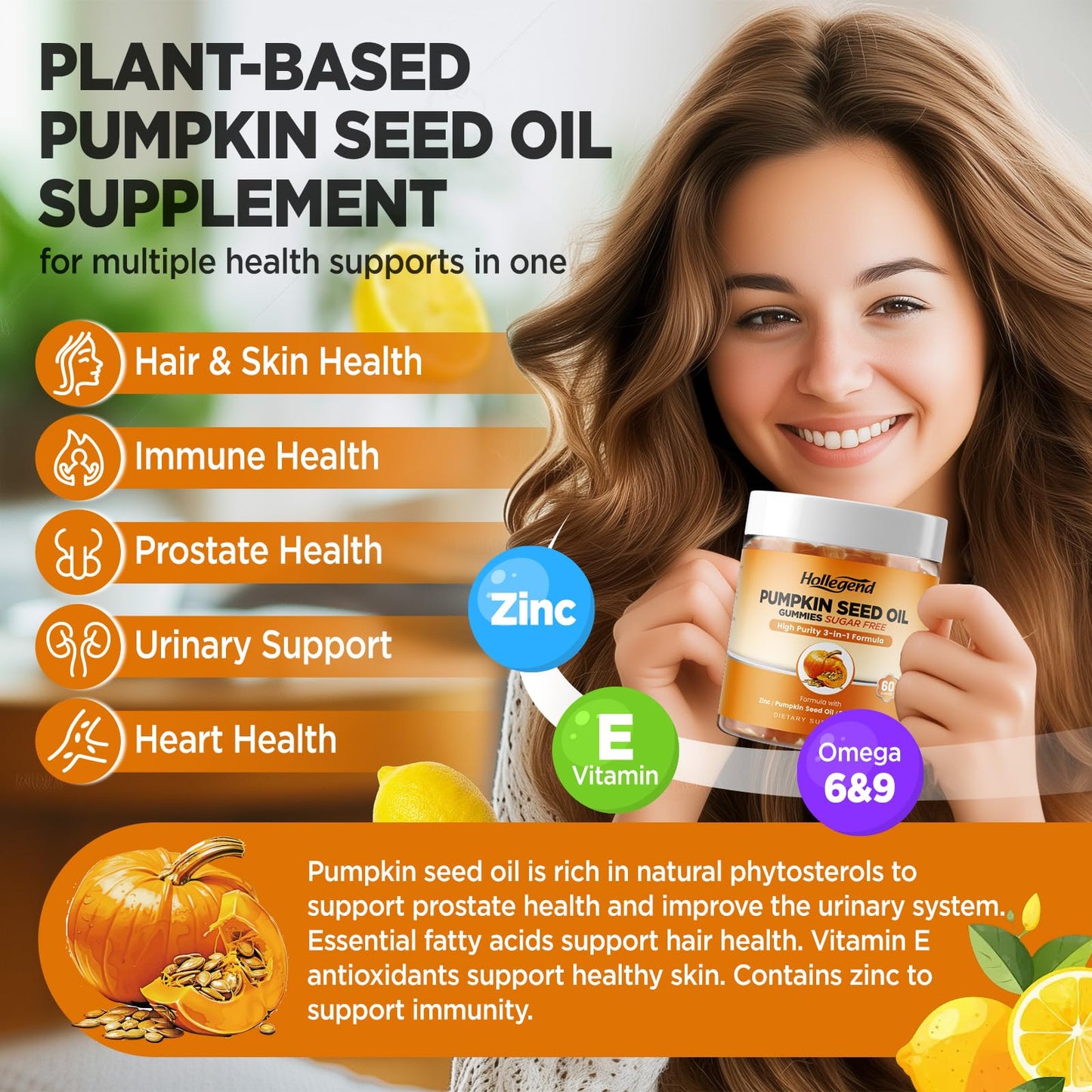 HOLLEGEND Pumpkin Seed Oil Gummies with Saw Palmetto, 60 Count