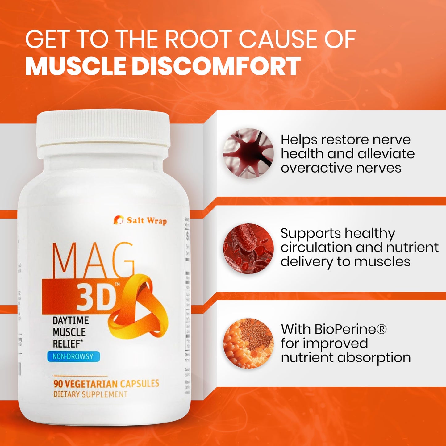 SaltWrap Mag 3D Daytime Non-Drowsy Leg Cramp & Muscle Relief Support Natural Supplement for Muscle and Nerve Health with Turmeric, Alpha Lipoic Acid & Magnesium Capsules 90 Count