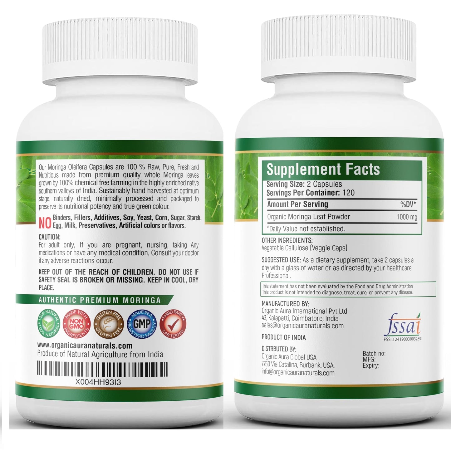 Organic Aura International Moringa Capsules, 240 Capsules