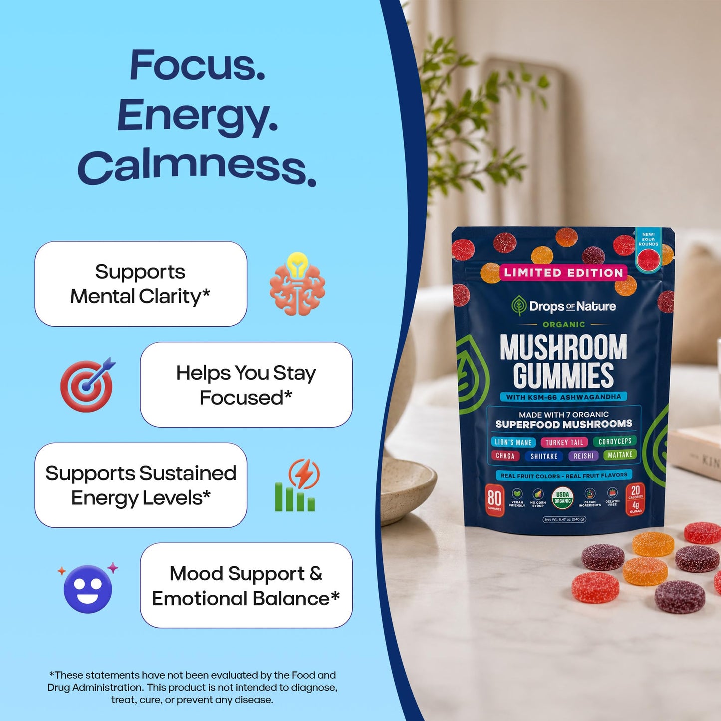 Drops Of Nature Mushrooms & Ashwagandha KSM-66 Gummies, 80 Count