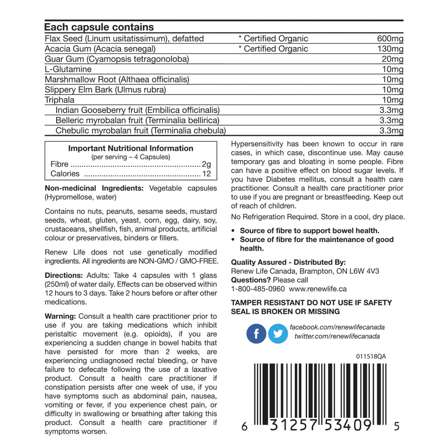 Renew Life FiberSmart Adult Fiber Supplement Capsules, 120 Count