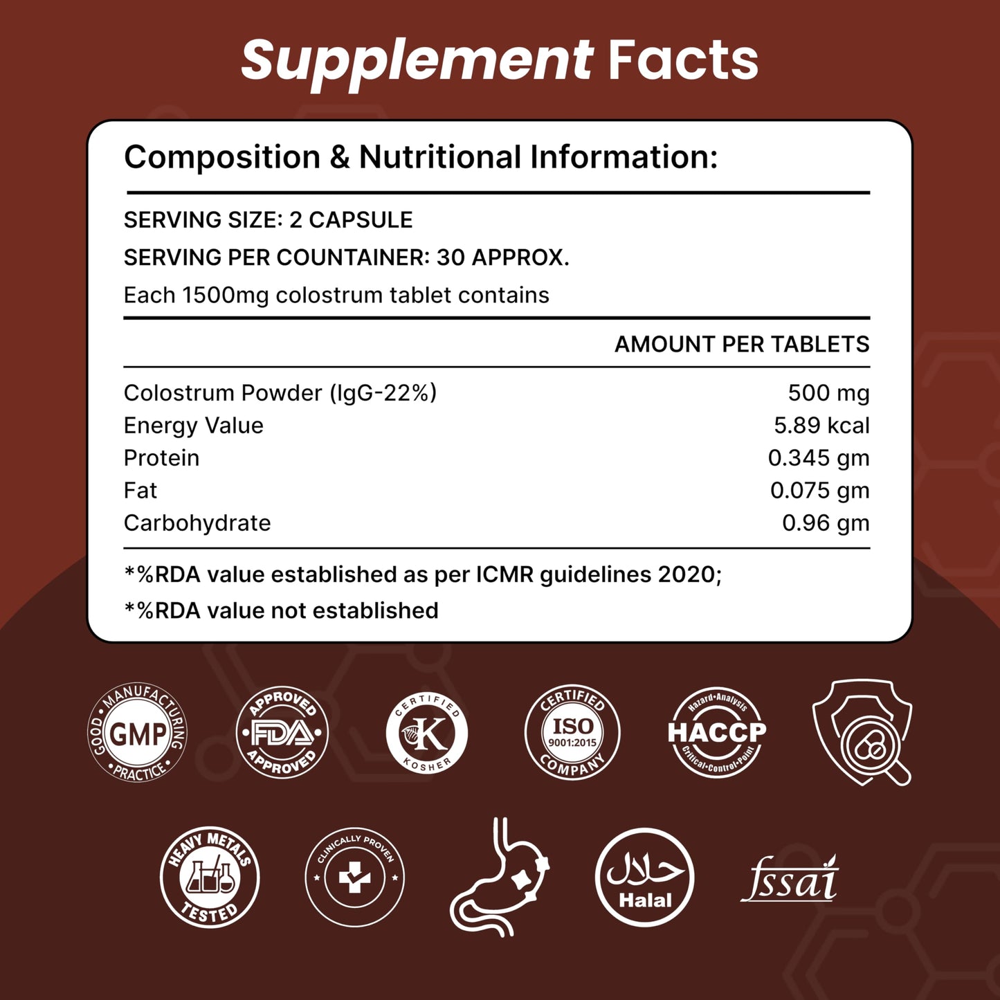 ORIBITE Grass Fed Cow Colostrum 1000mg Chewable Tablets 60 Count