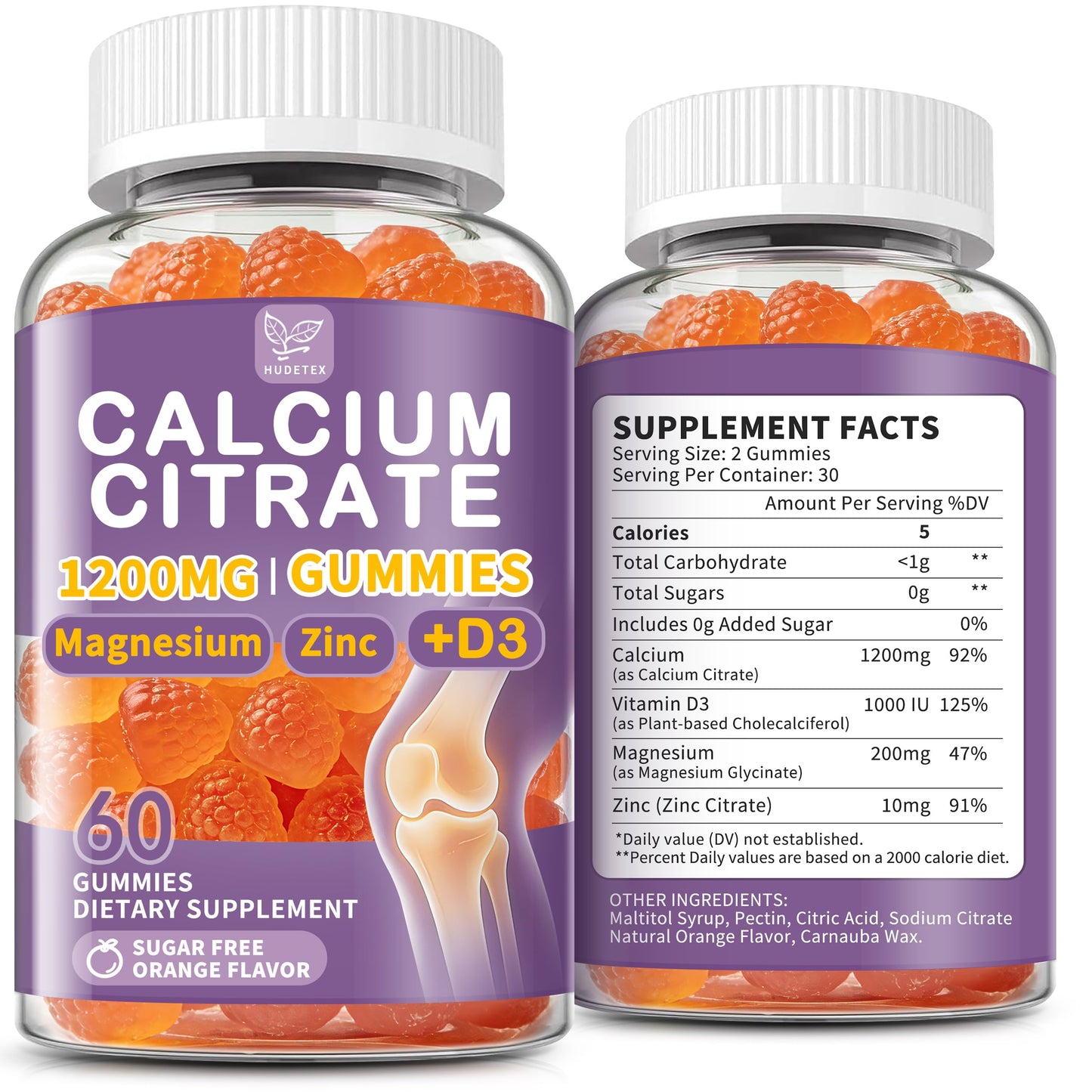 Hudetex Calcium Citrate 1200 mg Gummies for Women Men with Calcium Magnesium Zinc Vitamin D3, 120 Gummies