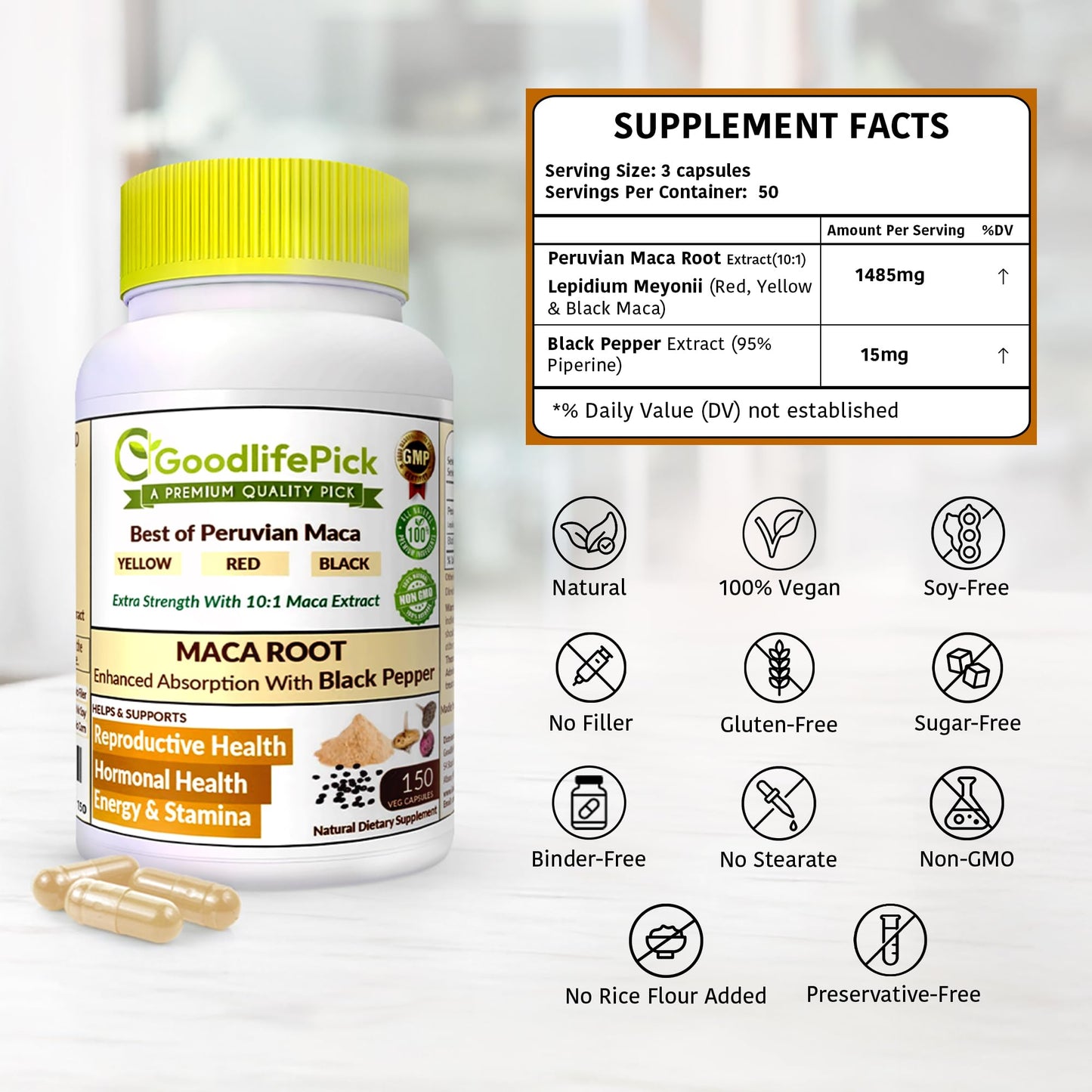 GoodlifePick Peruvian Maca Root Capsules 150 Count