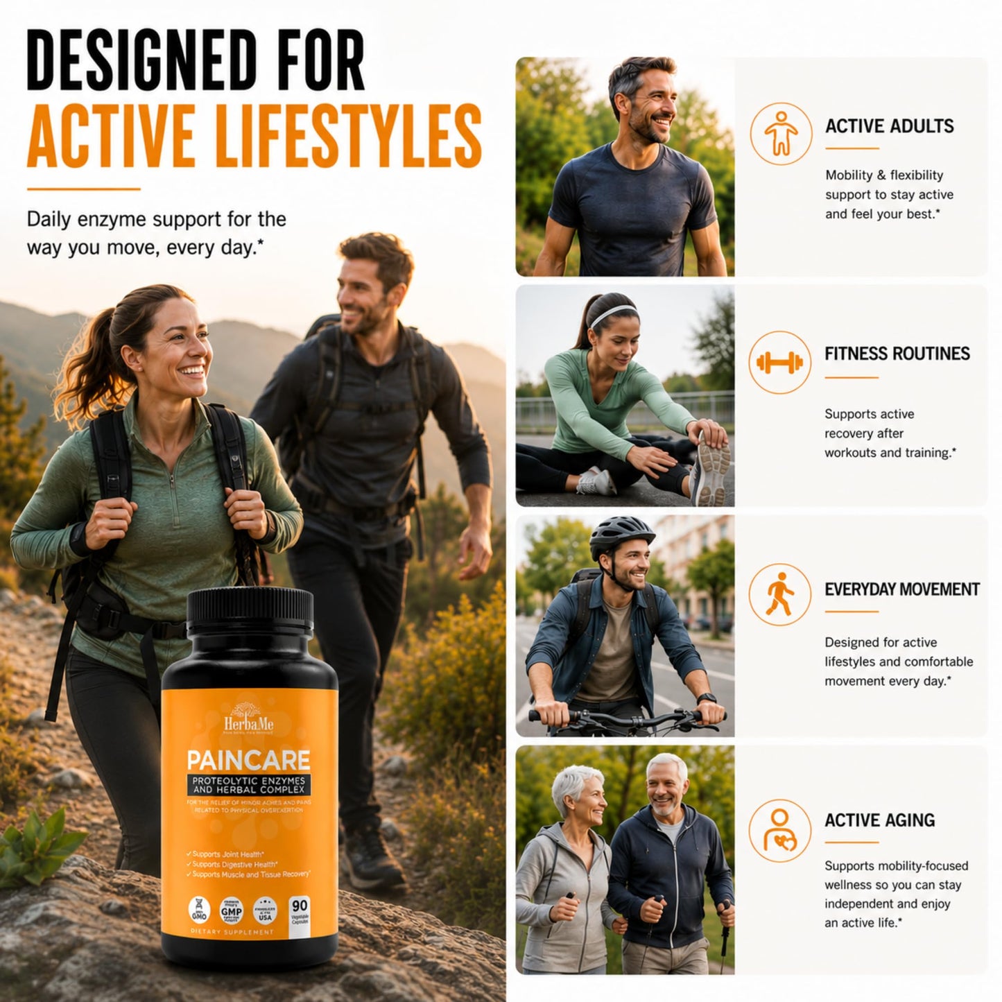 HerbaMe Proteolytic Enzymes with Serrapeptase, Bromelain & Herbal Blend for Mobility & Active Recovery Support, Systemic Enzyme Formula for Joint Flexibility & Active Wellness, 90 Capsules
