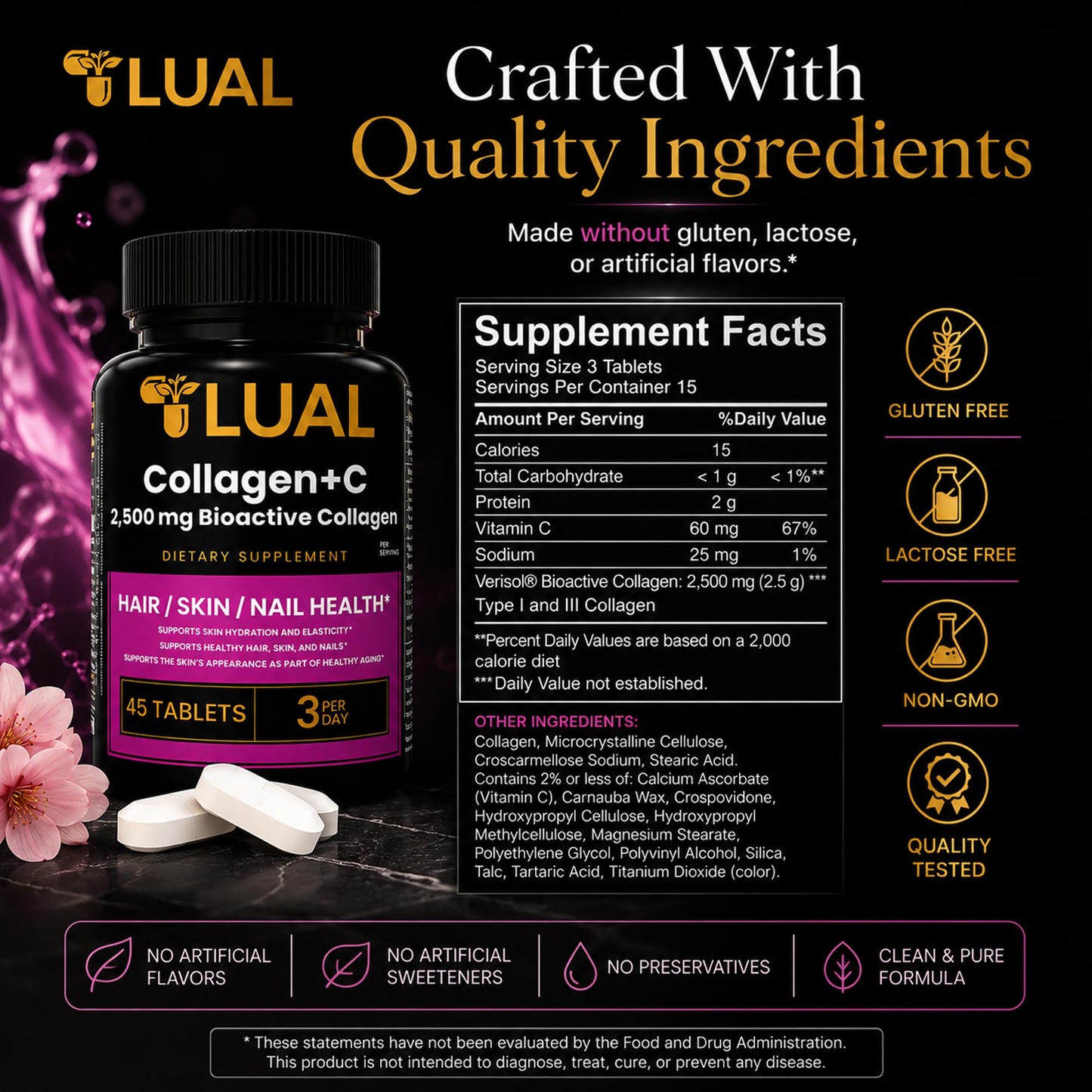 LUAL Collagen + Vitamin C Tablets, 45 Count