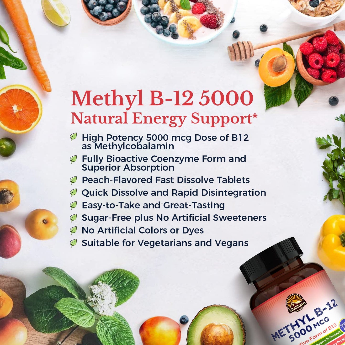 Vitalitown Vitamin B12 (Methyl B12) 5000 mcg, Fully Bioactive Form, 90 Tablets