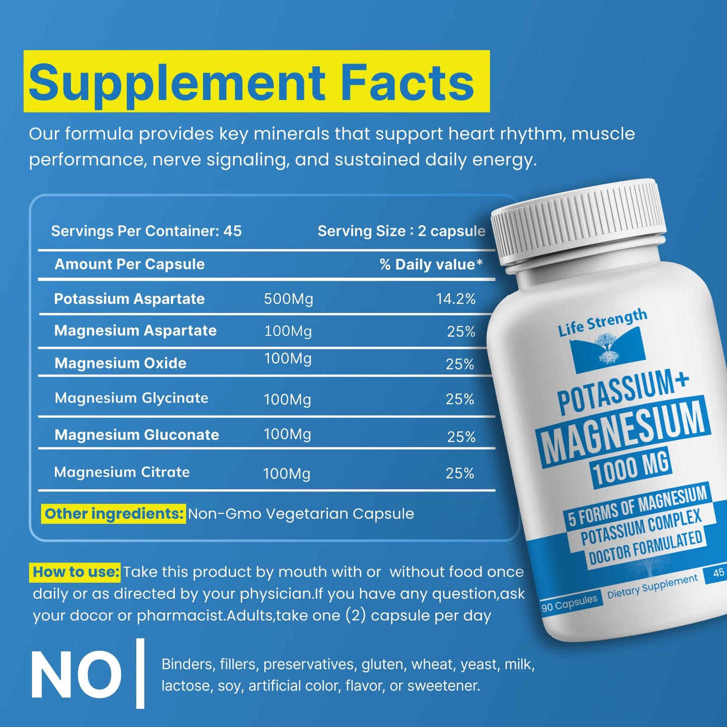 LifeStrength Potassium Magnesium Supplement 1000mg Capsule, 90 Count