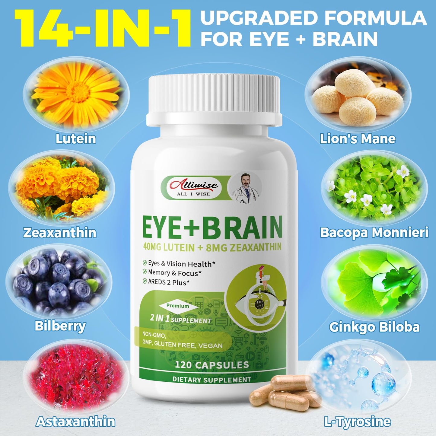 Alliwise Eye + Brain Supplements for Memory and Focus, Lutein 40mg, Zeaxanthin, Astaxanthin, Bilberry, Lion’s Mane, Bacopa Monnieri, Ginkgo Biloba, 14 in 1 Eye Vitamins for Adults & Seniors, 120 Capsules