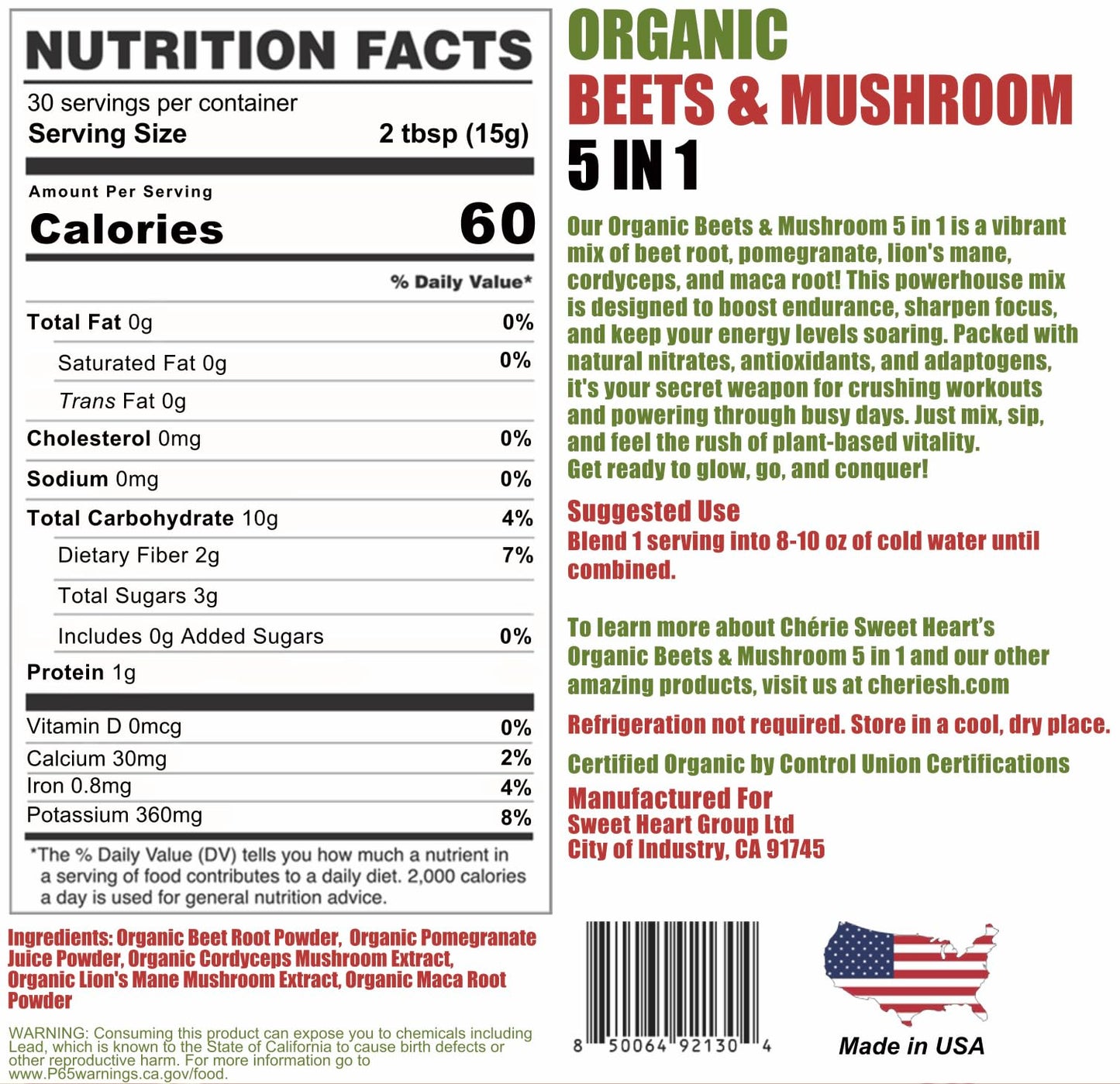 Chérie Sweet Heart Beets & Mushroom 5-in-1 Organic Beet Root Powder & Mushroom Powder, 16 oz