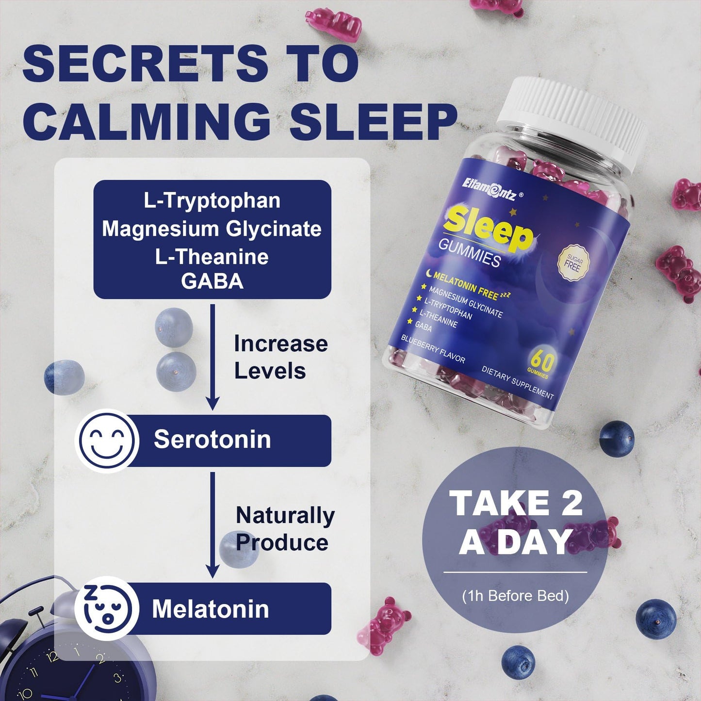 ELLAMENTZ Sleep Gummies No Melatonin with Magnesium Glycinate, L-Tryptophan, L-Theanine, GABA, Ashwagandha & Valerian, Sugar Free, 120 Gummies