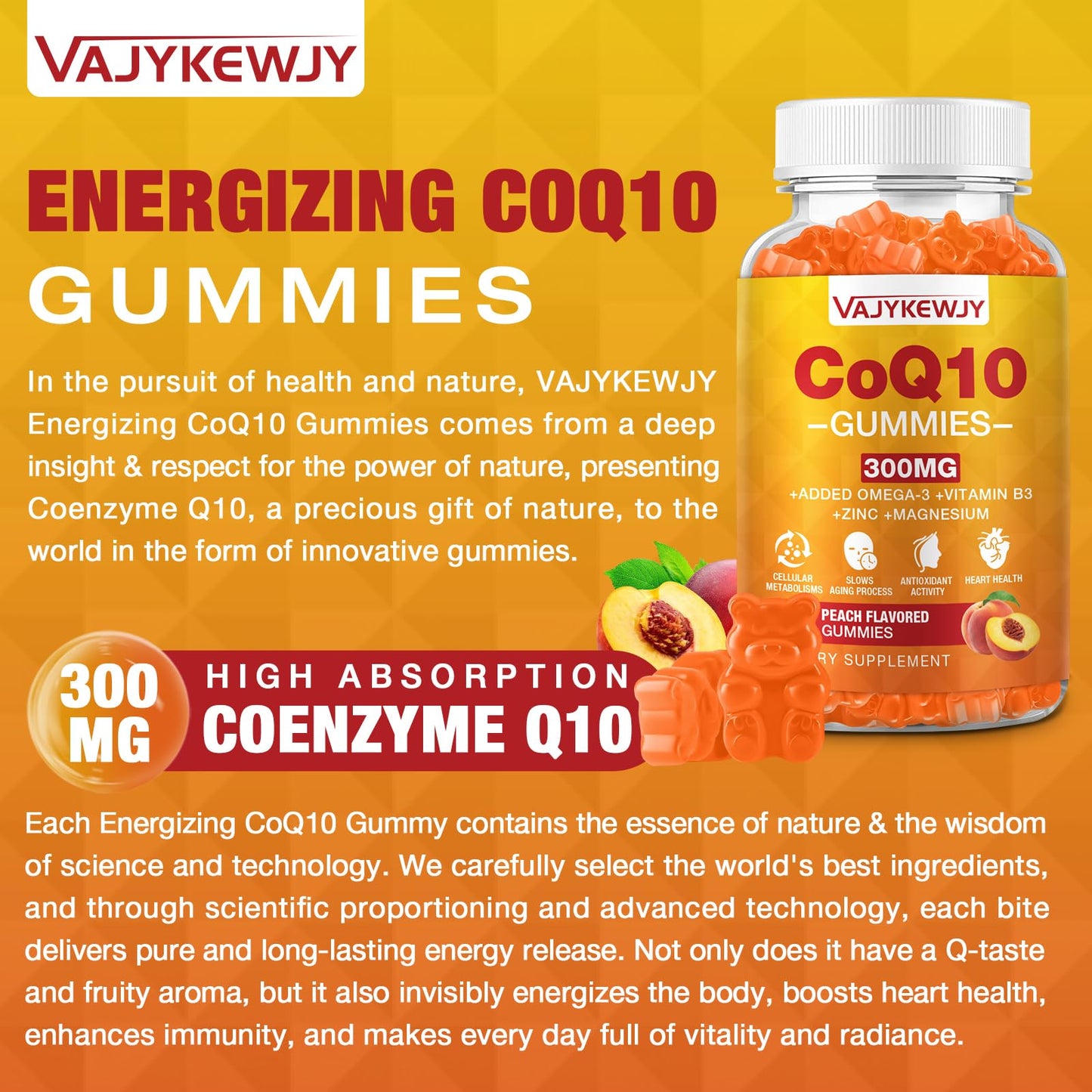 VAJYKEWJY CoQ10 Gummies with Omega-3, Vitamin B3 & Zinc, Vegan, 2 Pack