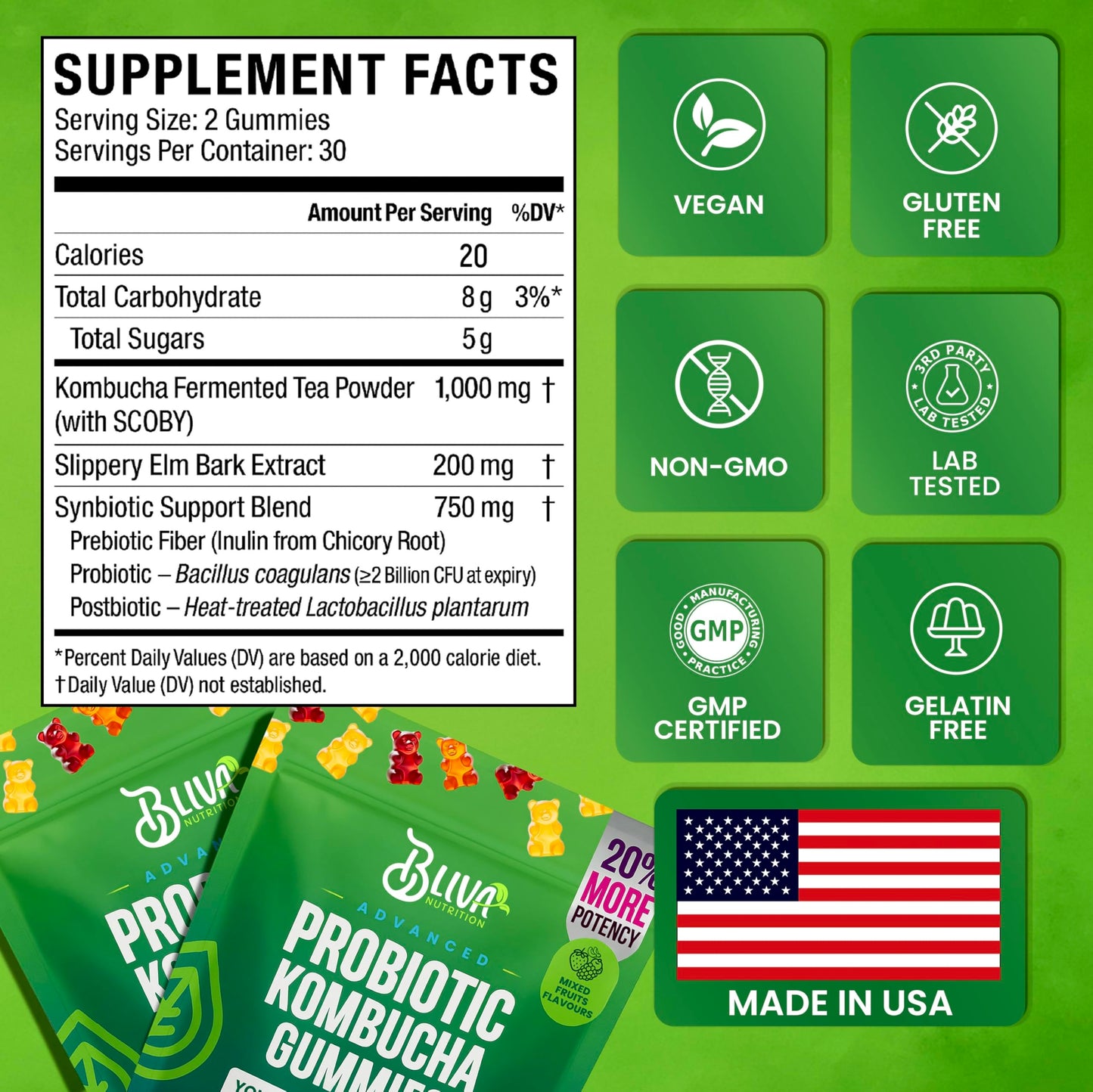 BLIVA NUTRITION Probiotic Kombucha Gummies, 60 Gummies