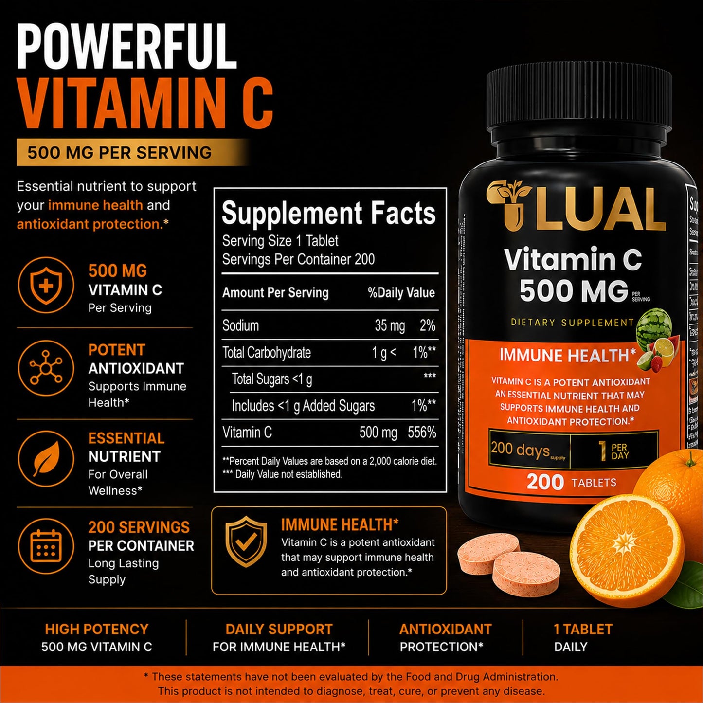 LUAL Vitamin C 500mg Chewable Tablets, 200 Count