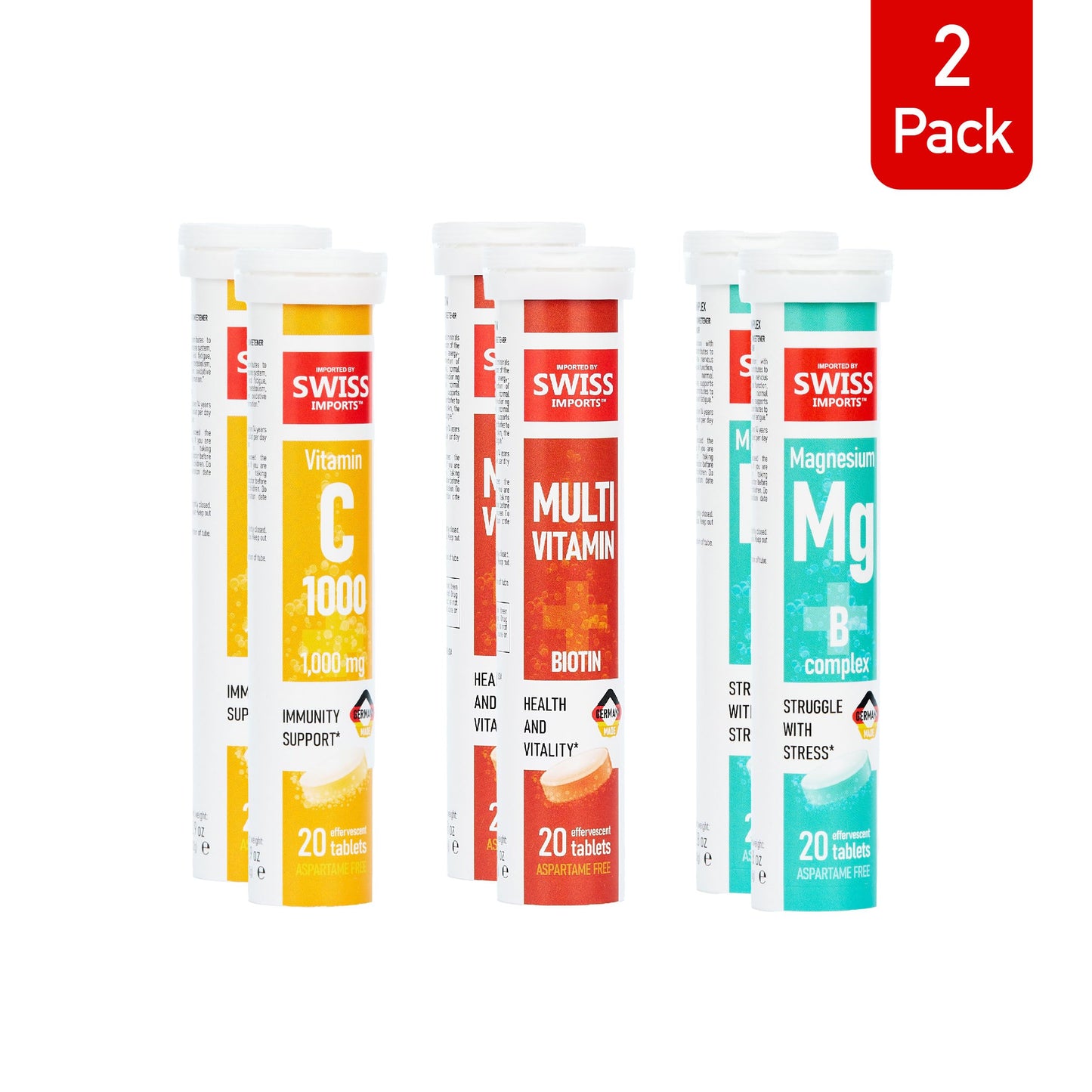 Swiss Imports Effervescent Variety Pack with Vitamin C 1000mg, Magnesium + B Complex, Multivitamin + Biotin, 120 Tablets