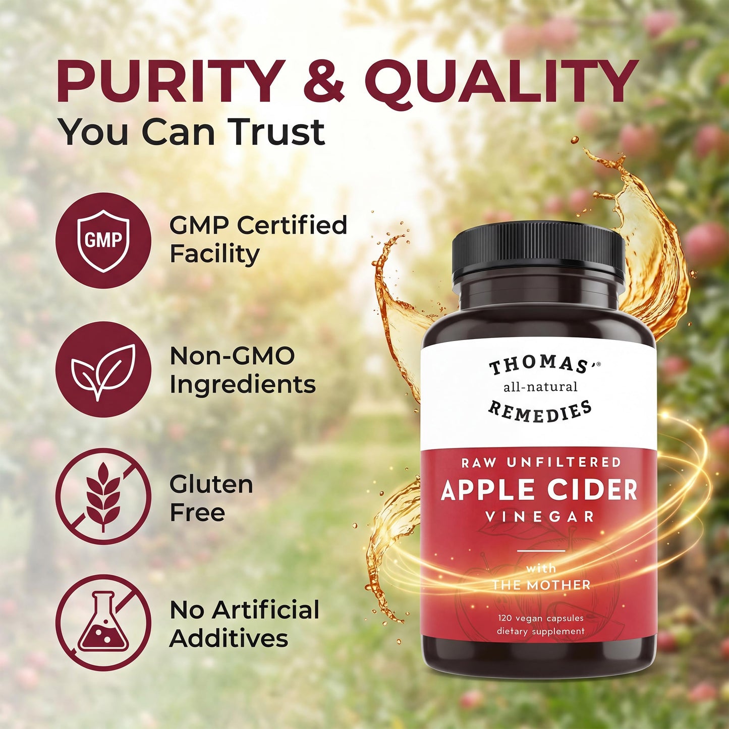 Thomas' all-natural Remedies Apple Cider Vinegar with the Mother, Raw & Unfiltered ACV Capsule 120