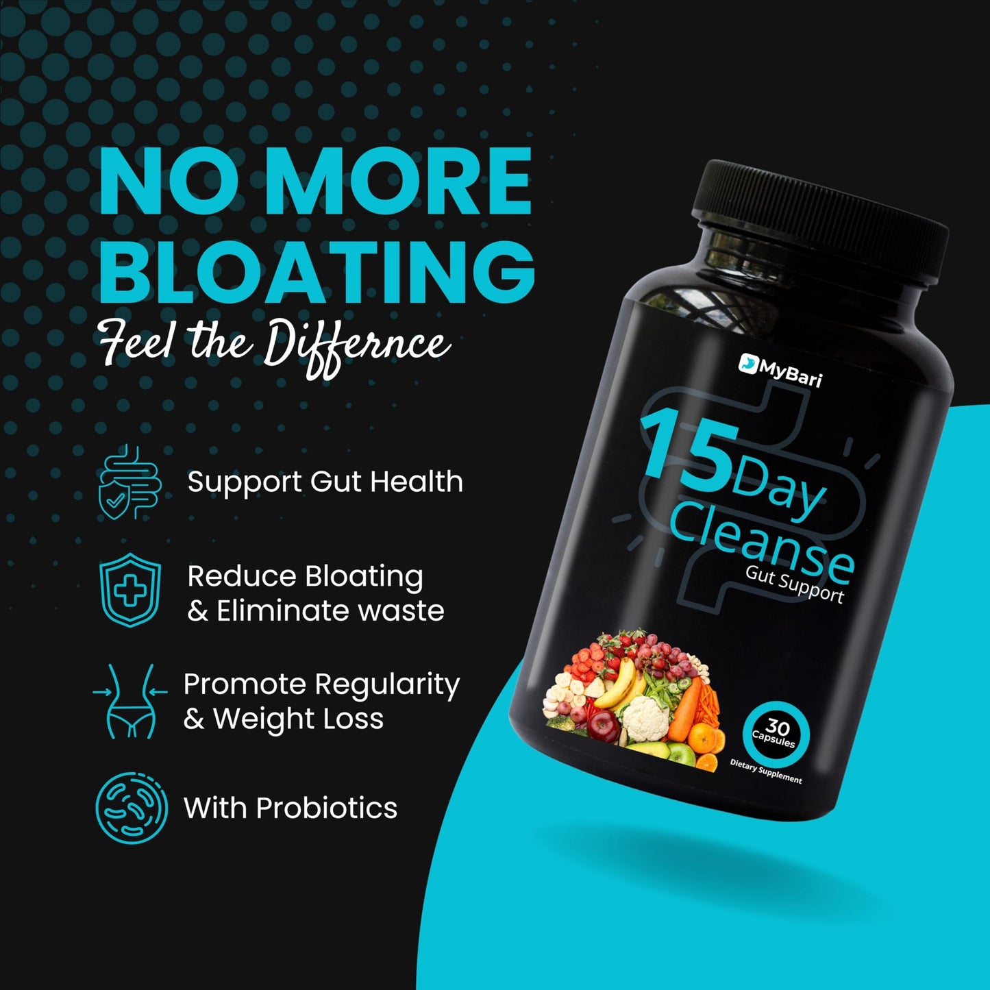 MyBari 15 Day Cleanse - Gut and Colon Support - Advanced Gut Cleanse Detox for Women & Men with Senna, Cascara Sagrada & Psyllium Husk, 30 Capsules