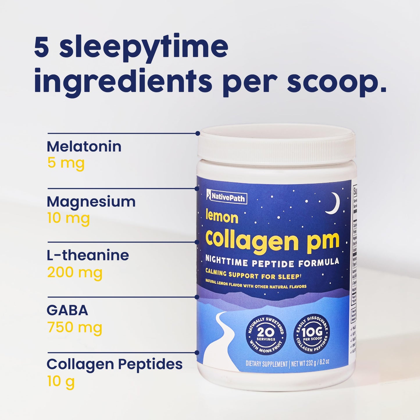 NativePath Collagen PM Sleep Powder Lemon - Melatonin, Magnesium, GABA & L-Theanine with 10g Grass-Fed Collagen - 20 Servings, Nighttime Recovery Drink, 8.2 Ounce