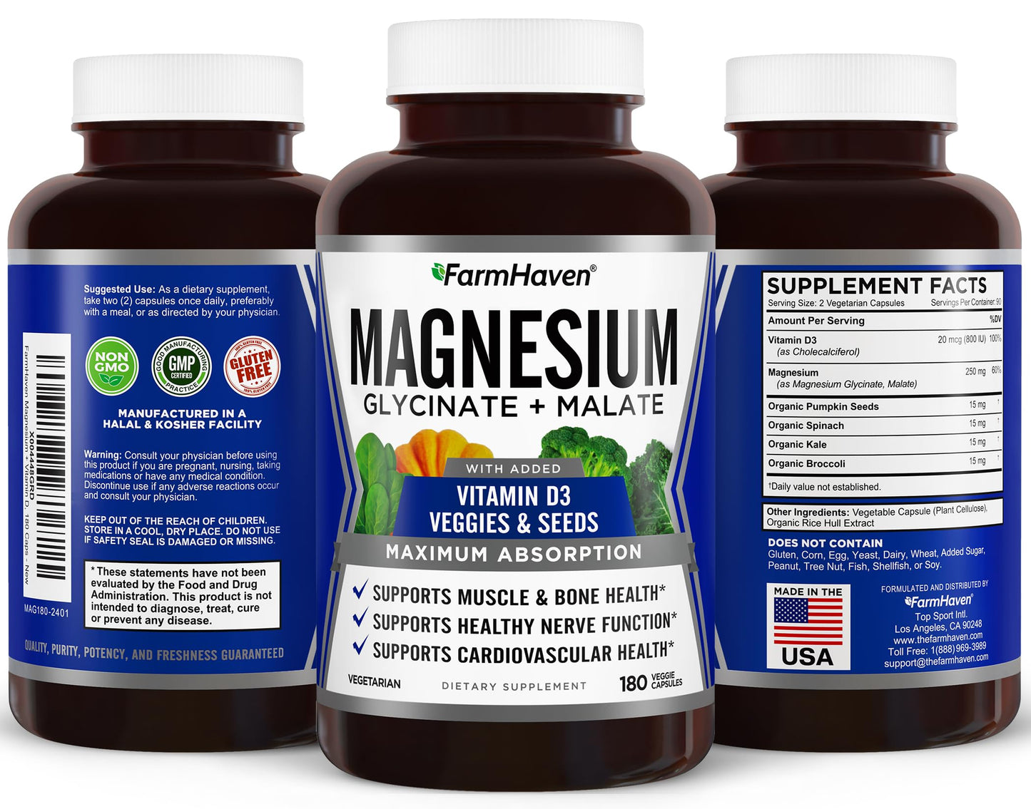 FarmHaven Magnesium Complex Glycinate/Malate & Vitamin D3 Capsules, 180 Count