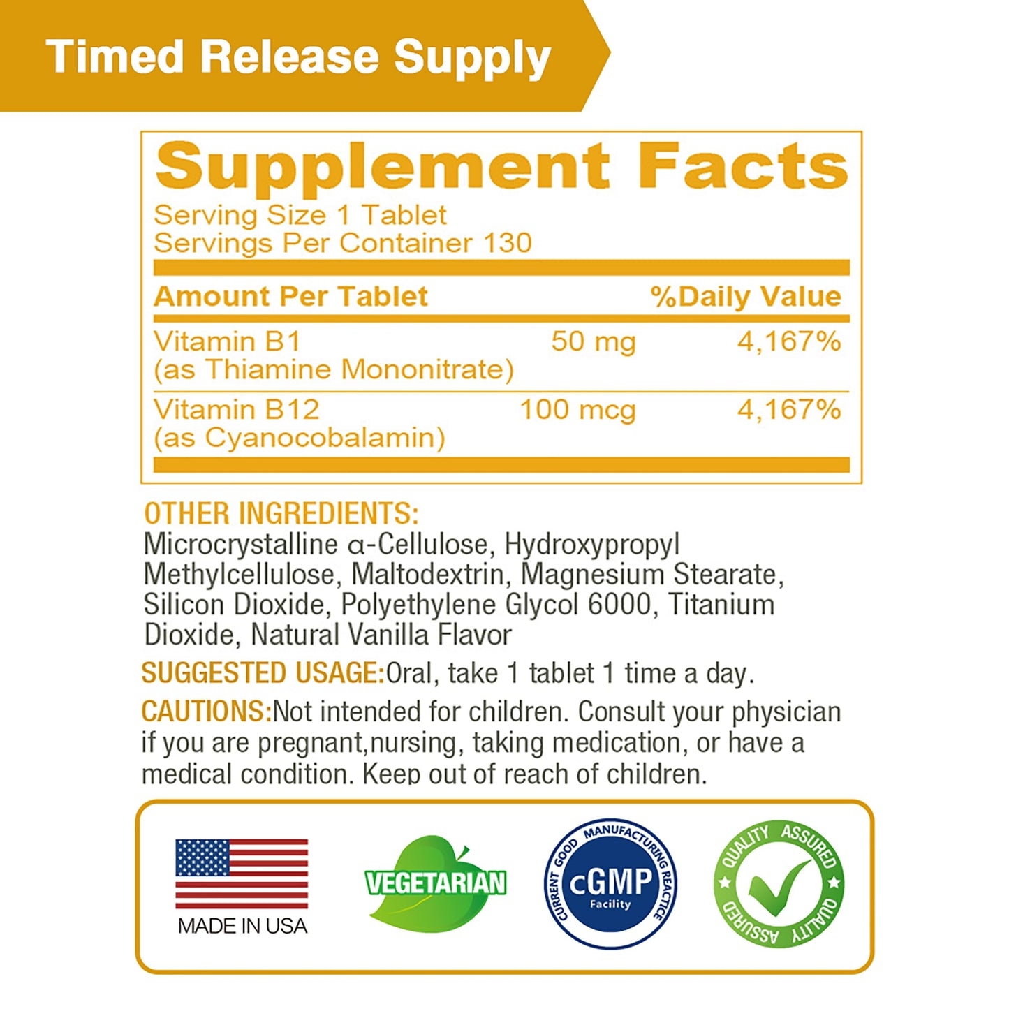 LOVITA Vitamin B1 (Thiamine) 50mg Timed Release, 8 Hours Sustained, with Vitamin B12 100mcg, Support Metabolism & Nerve Health, 130 Tablets
