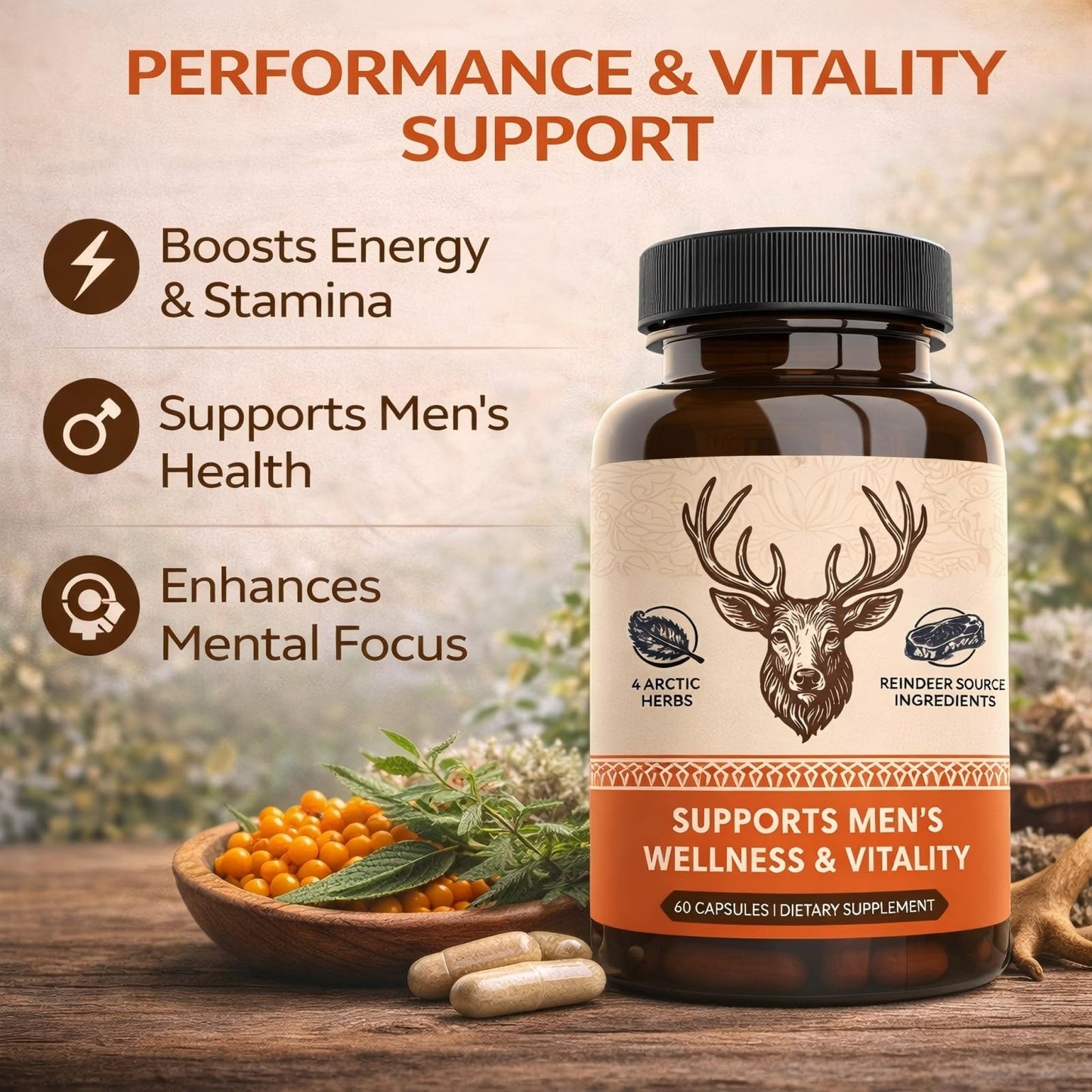 KUHSE Primal Viking Men's Well-Being Supplement Arctic Herbal & Caribou Extract Formula, 60 Capsules