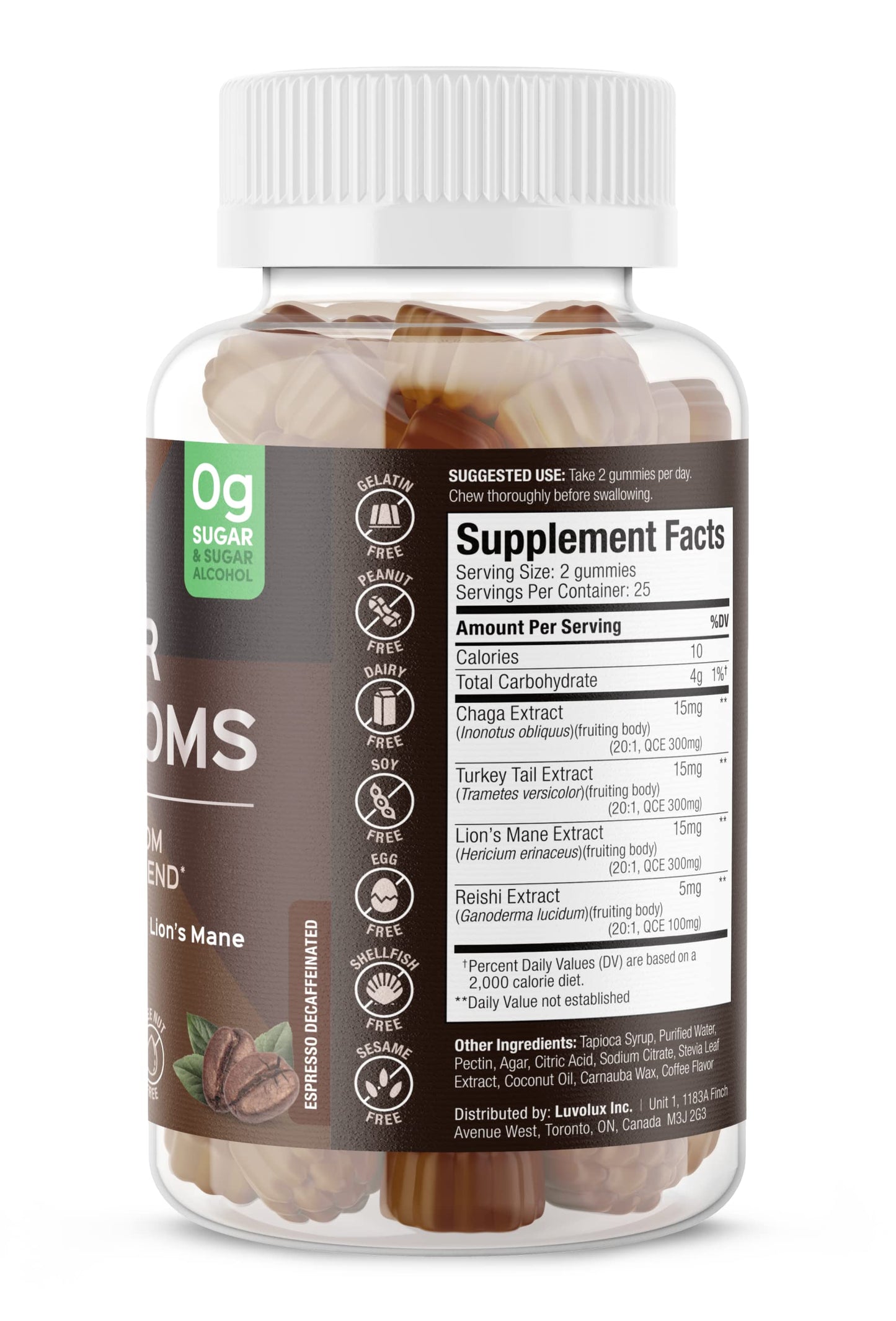 SUKU Super Mushroom - Reishi Chaga, Turkey Tail & Lions Mane Blend Gummies for Immunity Espresso Decaffeinated Flavored 50 Gummies