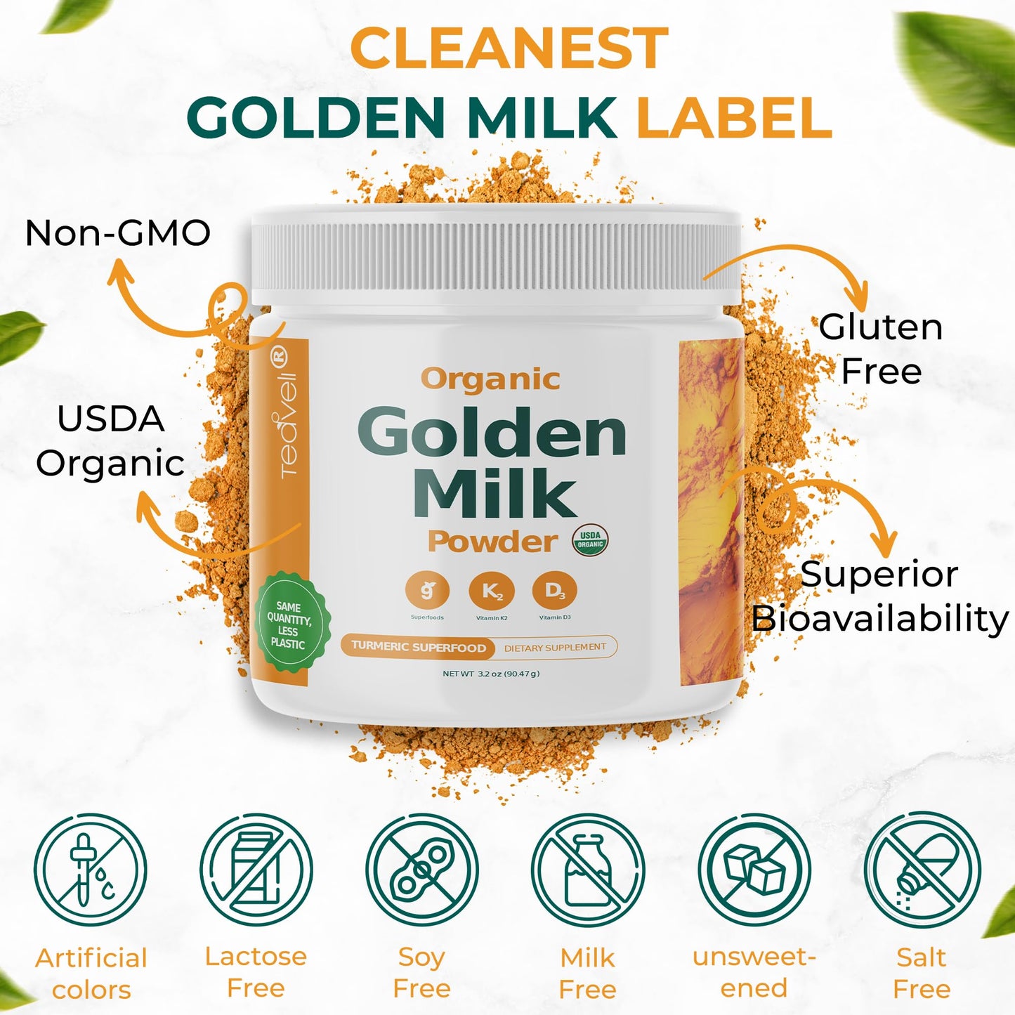 Teaveli Organic Golden Milk Powder with Vitamin D3 & K2, Turmeric, Ginger, Curcumin, Cinnamon, KSM66 Ashwagandha, Holy Basil & Natural Prebiotics Powder, 9.51 oz (Pack of 3)