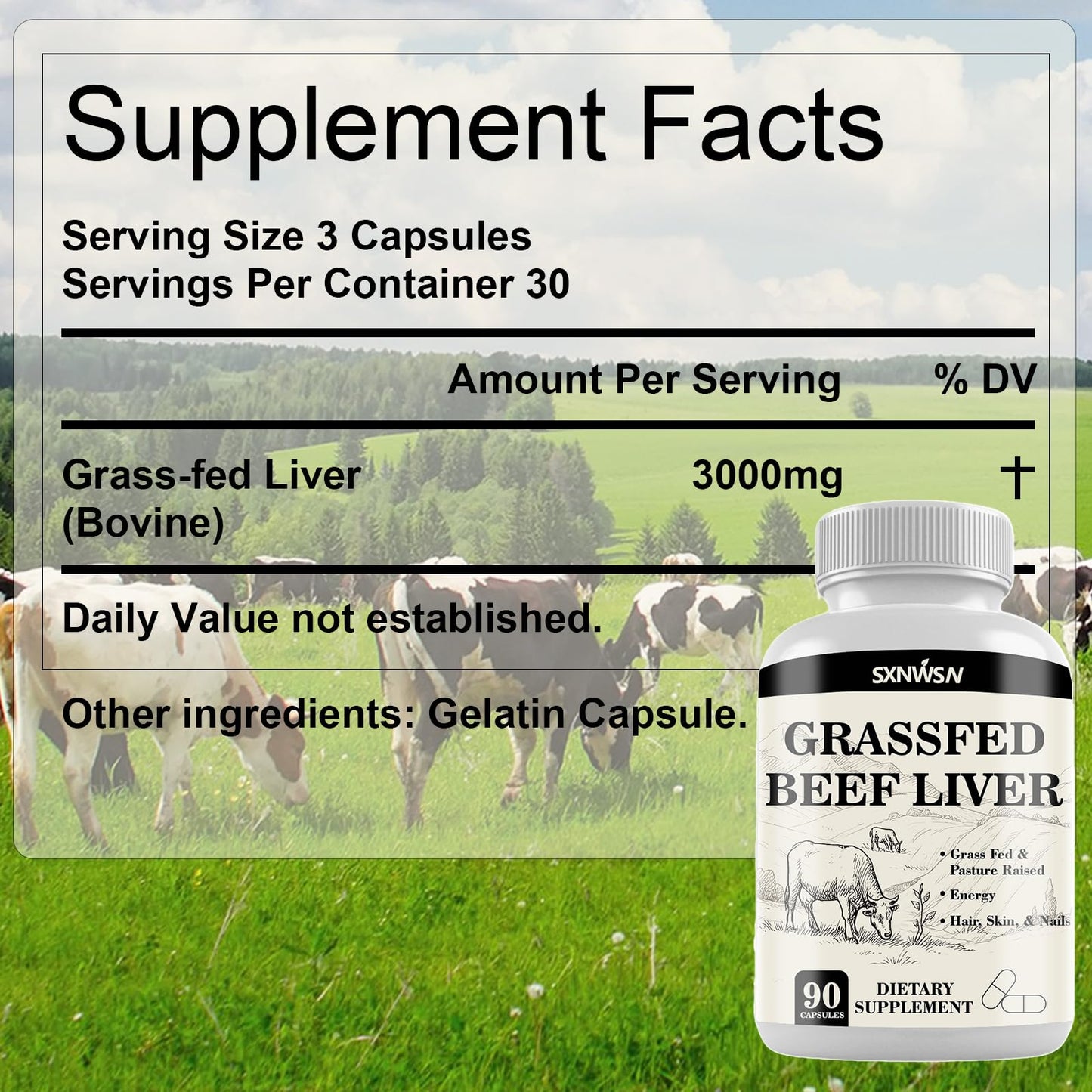 SXNWSN Grass Fed Beef Liver Capsules, 90 Count